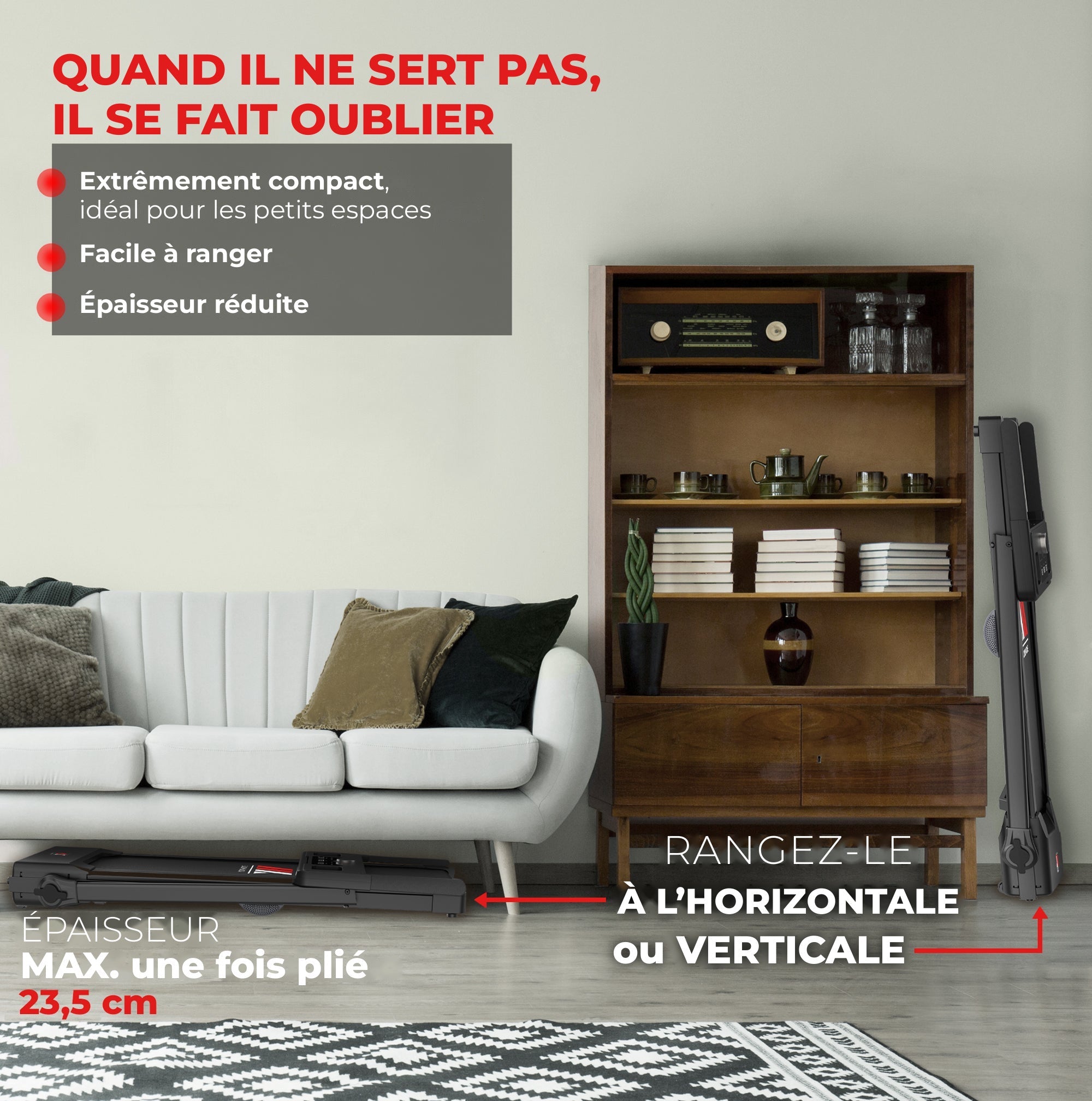 Tapis de course NEXT 2000 PRO pliable, 23,5 cm une fois plié, rangement à plat ou debout