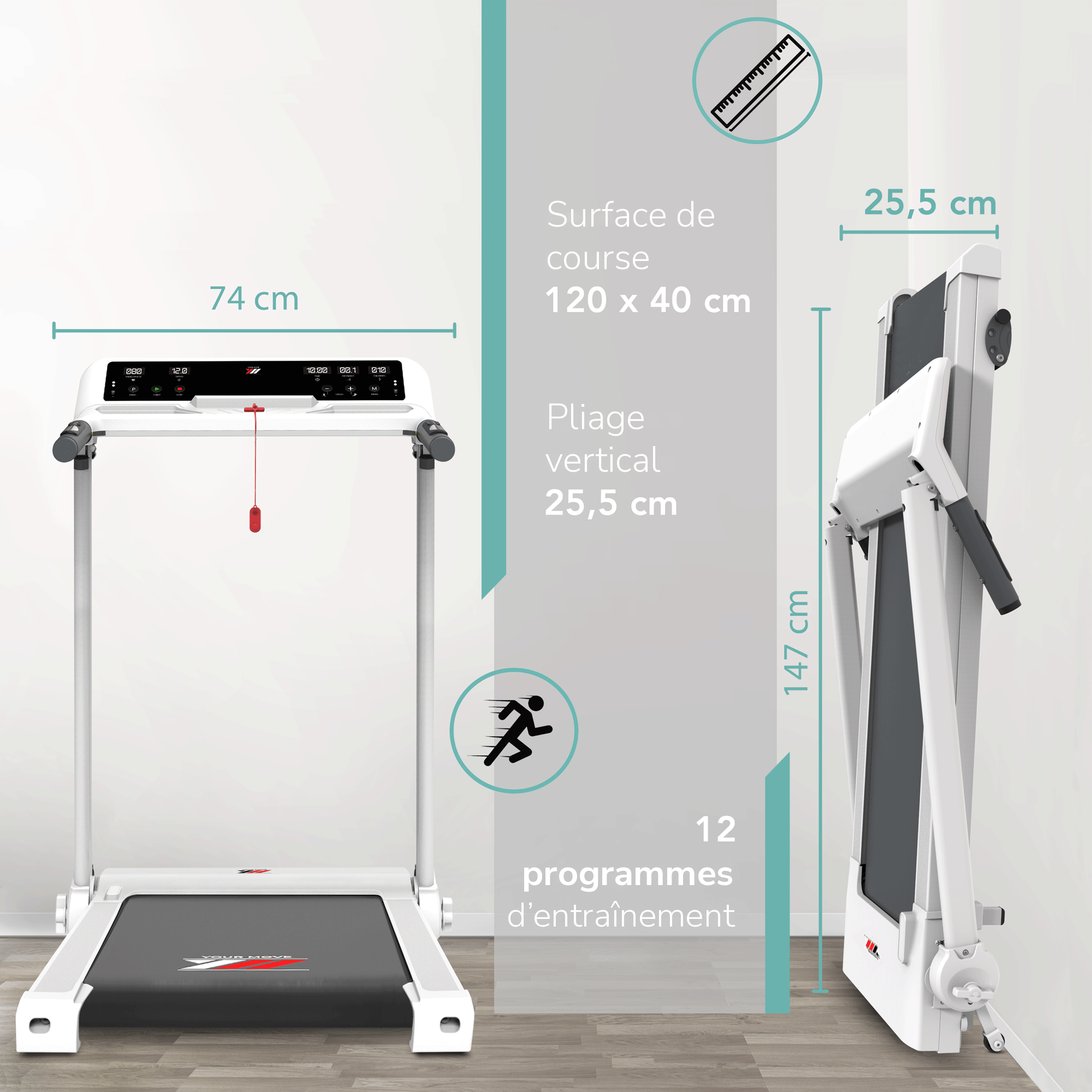 NEXT 4000, surface de course 120 x 40 cm, pliage vertical 25,5 cm, 12 programmes