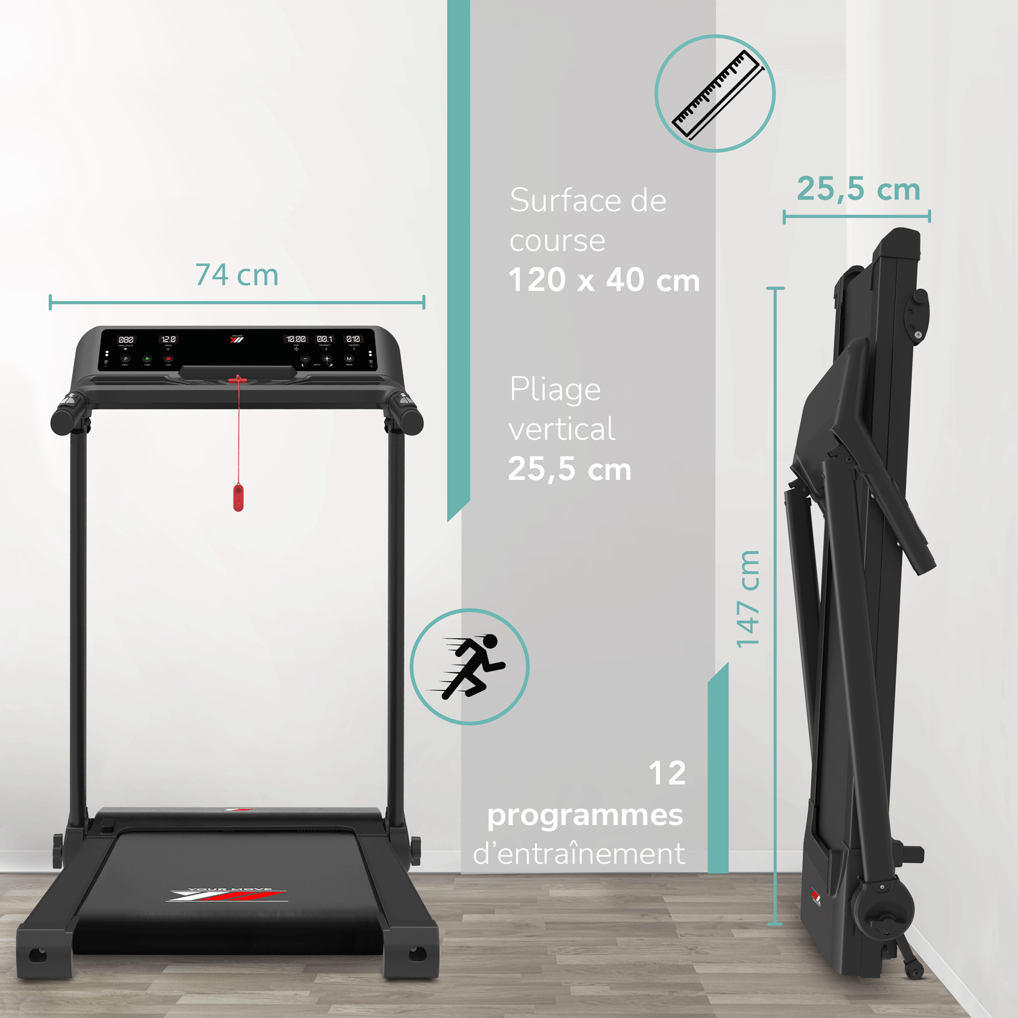 NEXT 4000, surface de course 120 x 40 cm, pliage vertical 25,5 cm, 12 programmes