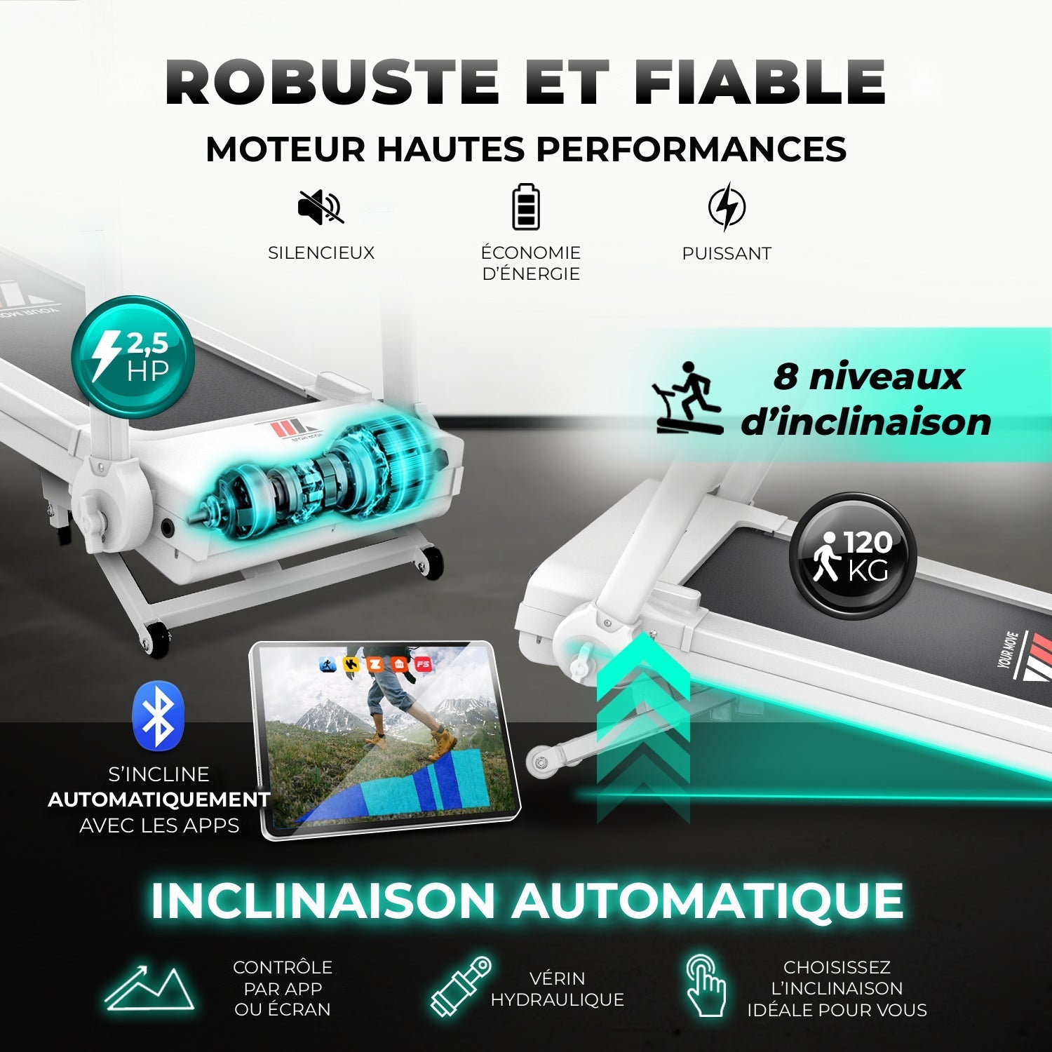 NEXT 4000 PRO, moteur 2,5 HP silencieux et puissant, inclinaison automatique par vérin hydraulique