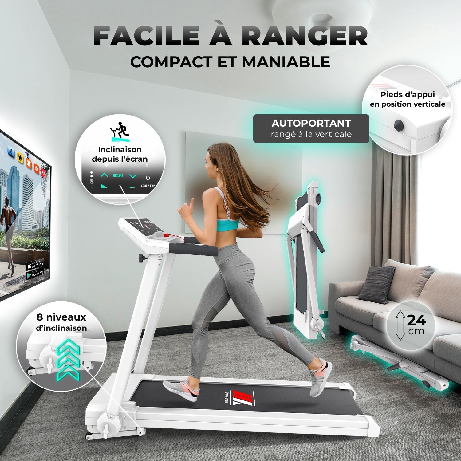 Tapis de course NEXT 4000 PRO pliable et autoportant, facile à ranger, 8 niveaux d’inclinaison
