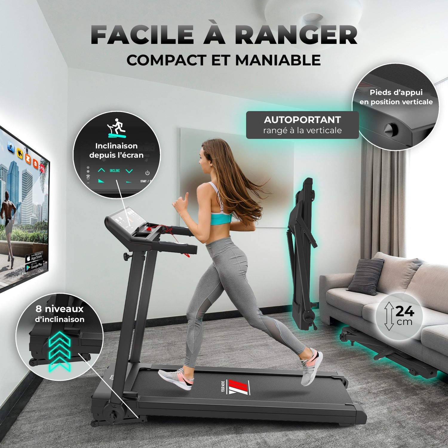 Tapis de course NEXT 4000 PRO pliable et autoportant, facile à ranger, 8 niveaux d’inclinaison