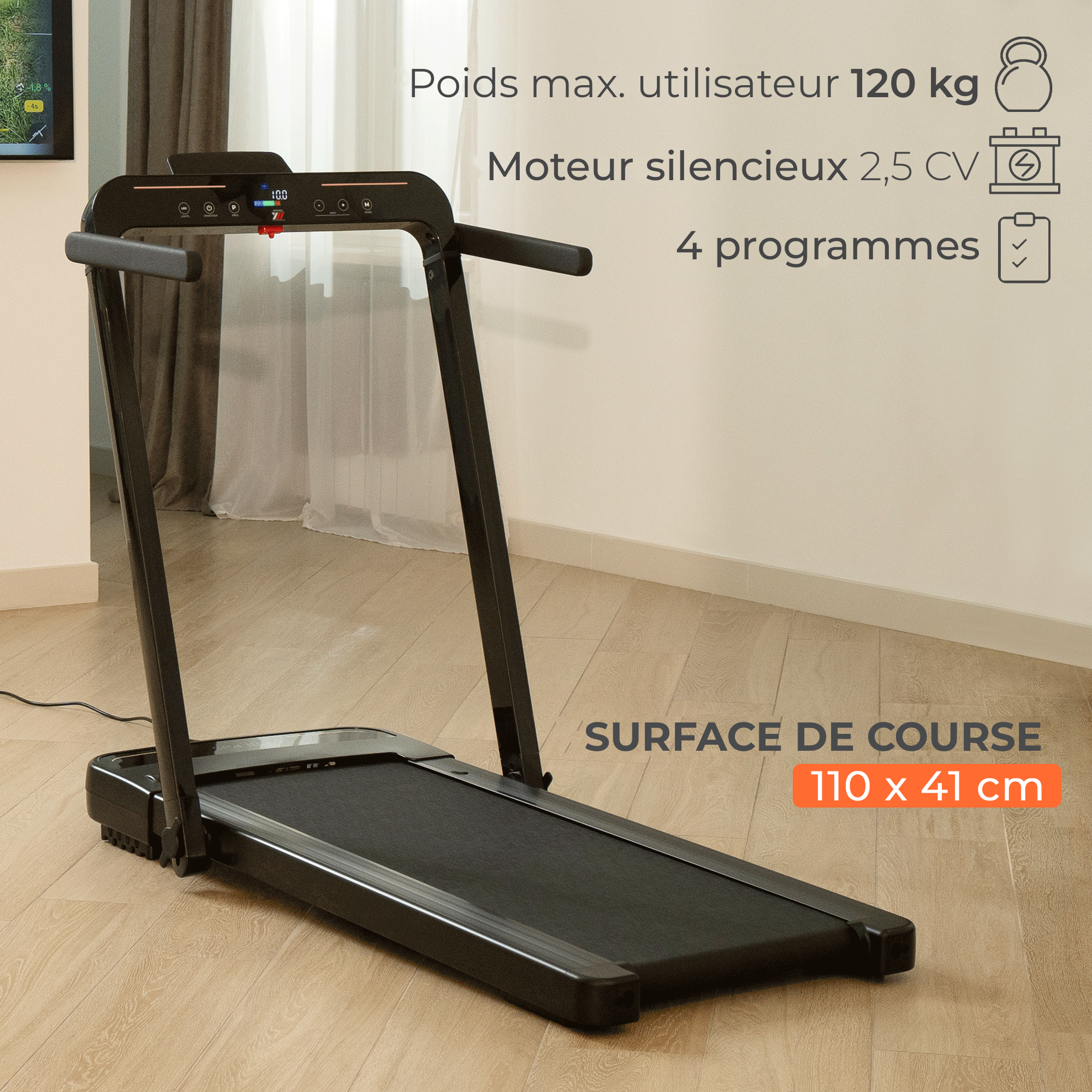 Tapis de course NEXT 6000, poids max. utilisateur 120 kg, moteur silencieux 2,5 CV, surface de course 110 x 41 cm