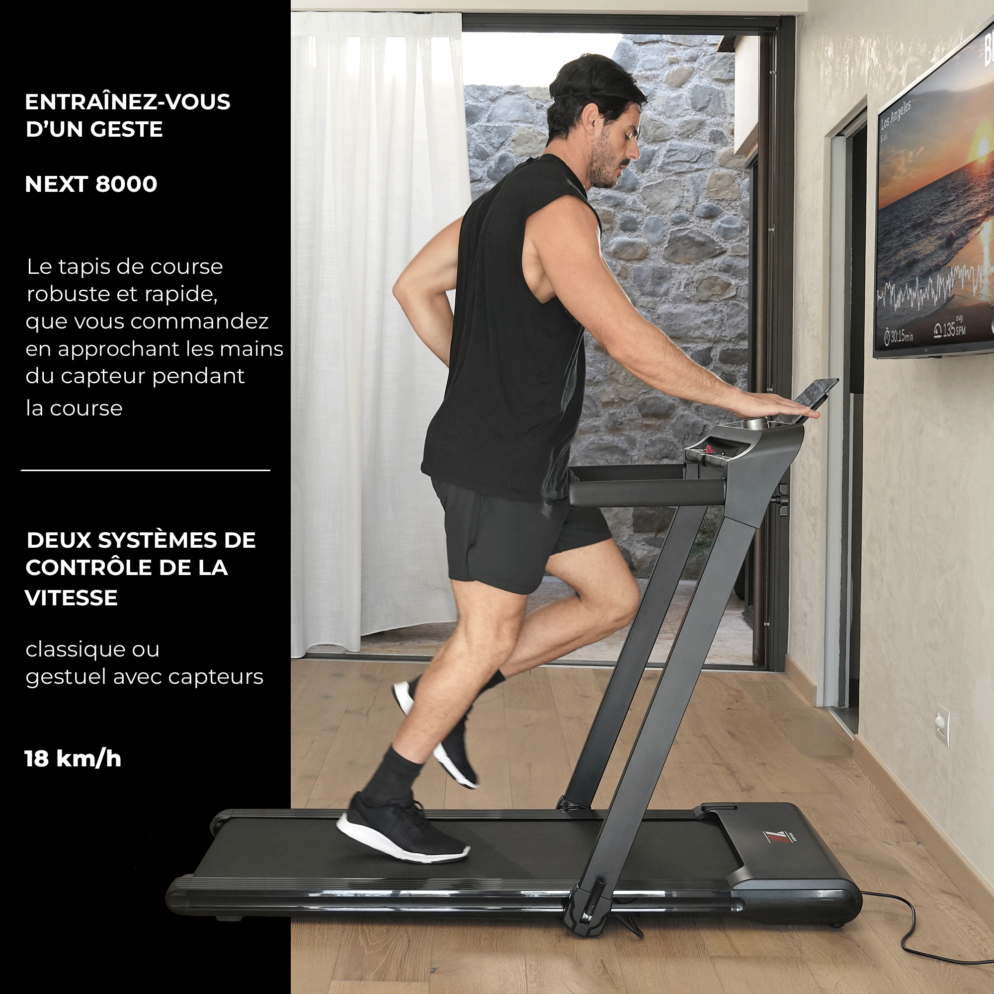 Tapis de course NEXT 8000 noir reconditionné : contrôle d’un geste et deux systèmes de contrôle de la vitesse
