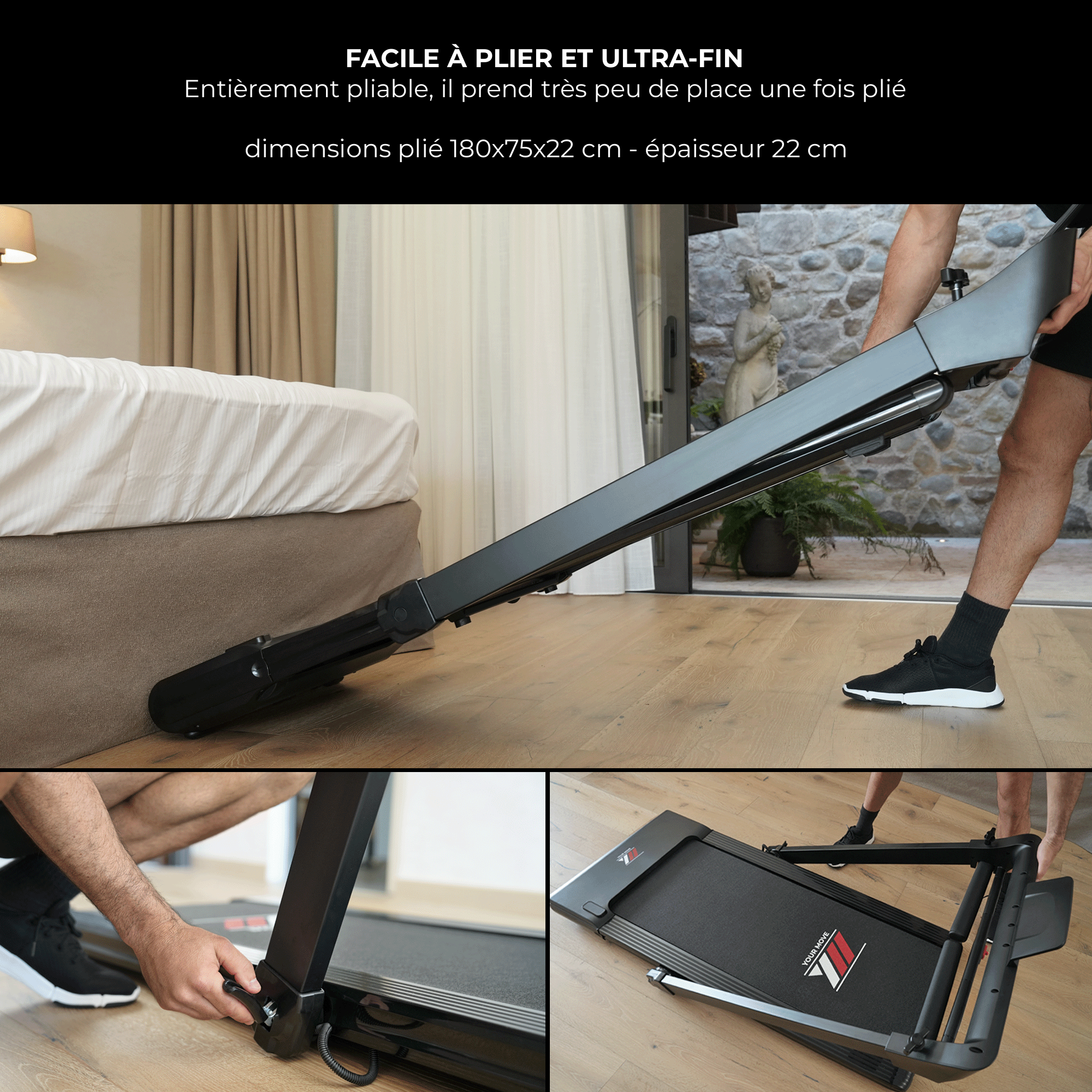 Tapis de course NEXT 8000 noir reconditionné : facile à plier et ultra-fin, 22 cm d’épaisseur