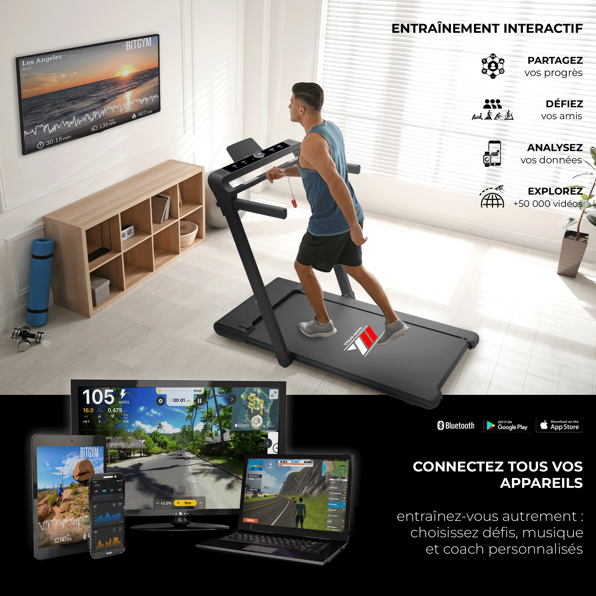 Tapis de course NEXT 8000 noir reconditionné : entraînement interactif avec les apps