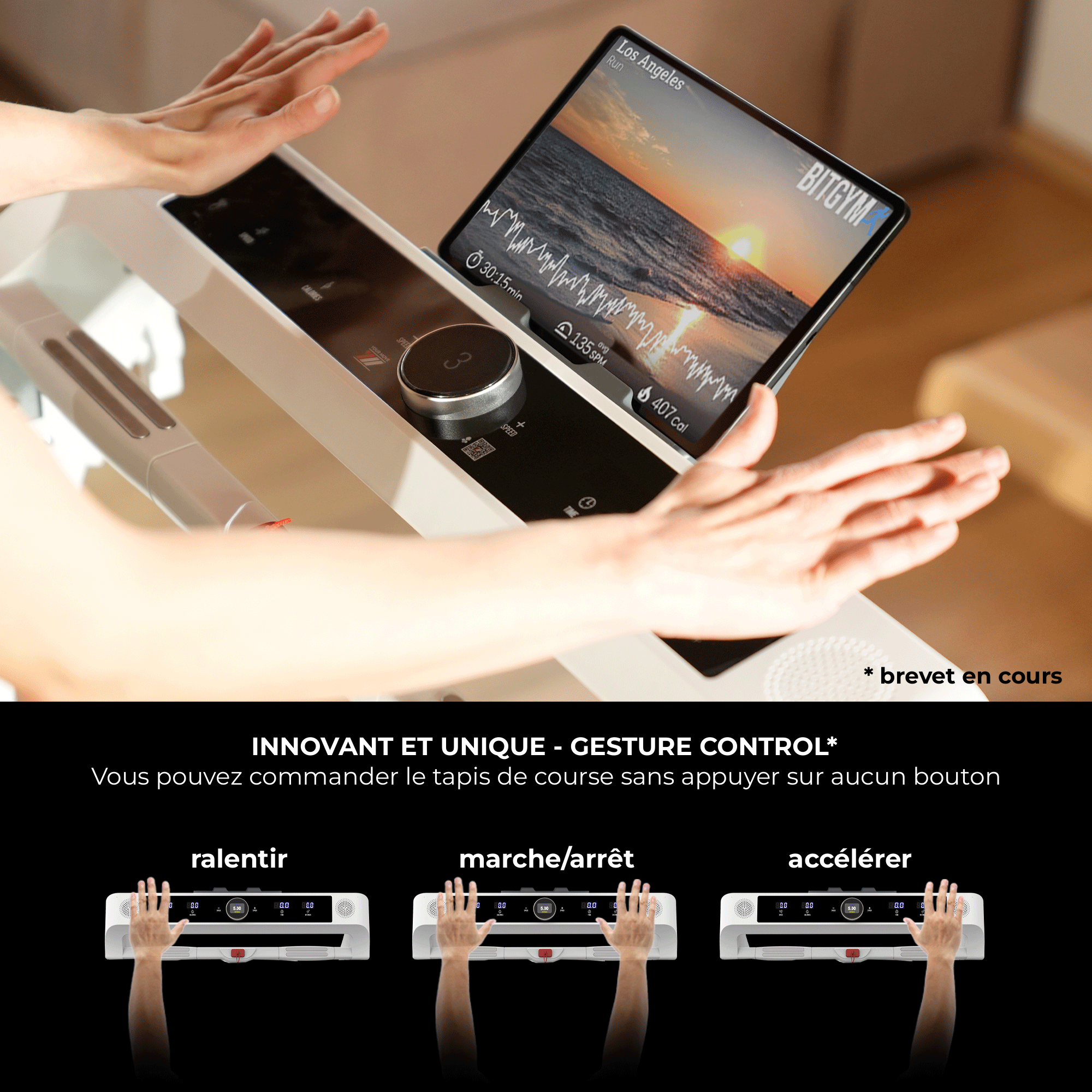Tapis de course NEXT 8000 blanc reconditionné : Gesture Control : ralentir, marche/arrêt, accélérer