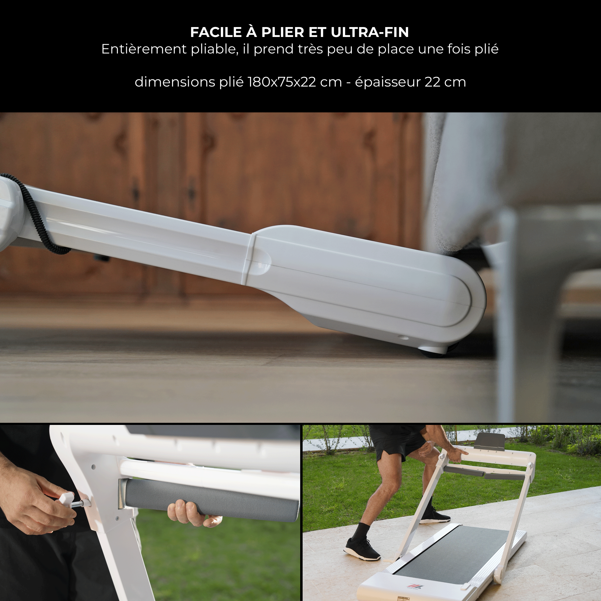 Tapis de course NEXT 8000 blanc reconditionné : facile à plier et ultra-fin, 22 cm d’épaisseur
