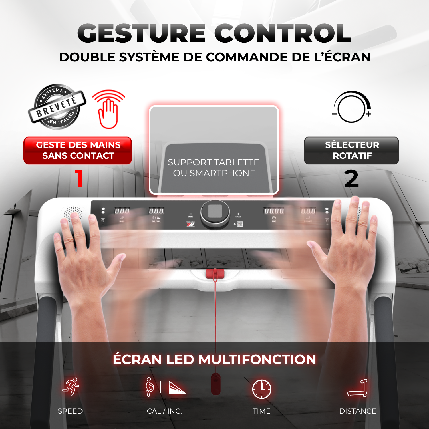 NEXT 8000 PRO, double commande de l’écran : gesture control sans contact et sélecteur rotatif, support tablette