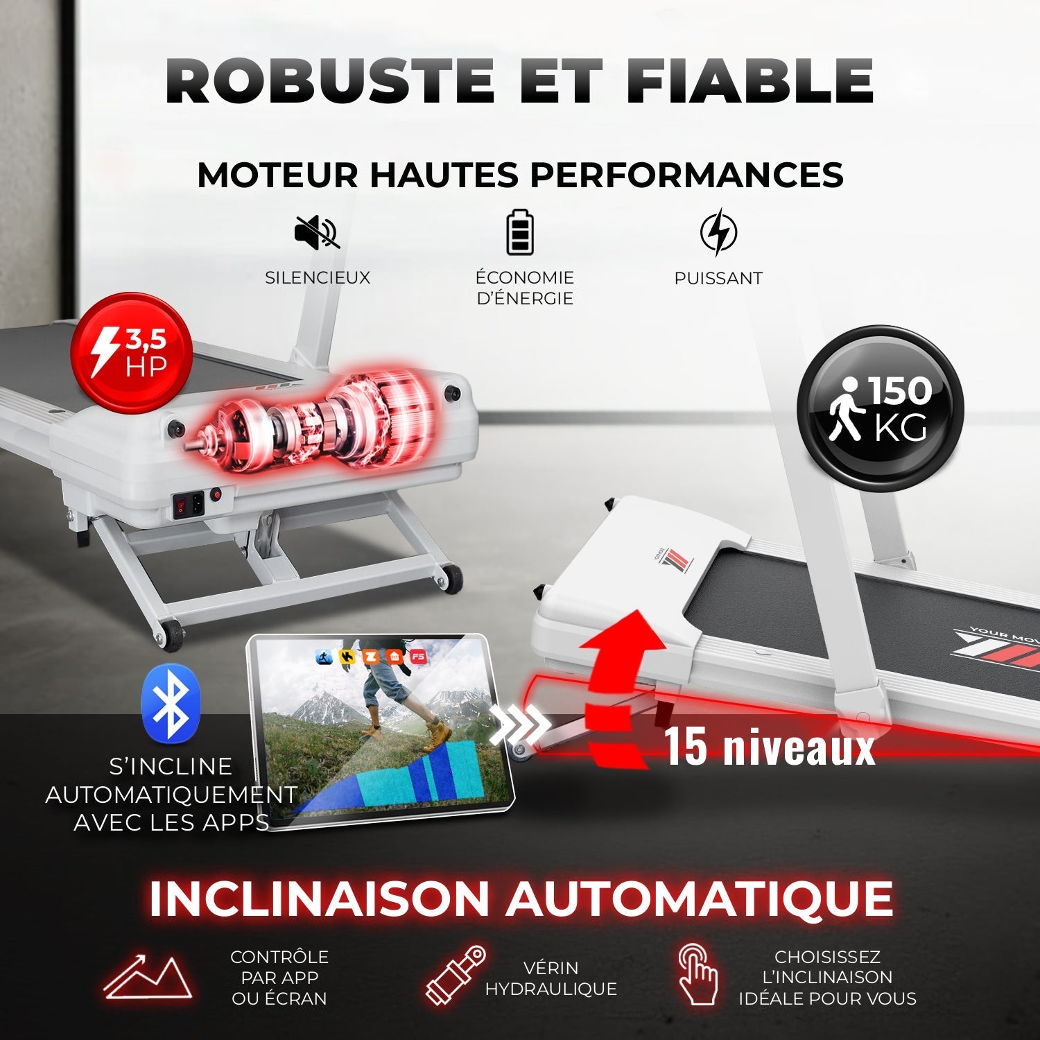 NEXT 8000 PRO, moteur 3,5 HP silencieux et puissant, inclinaison automatique sur 15 niveaux par vérin hydraulique