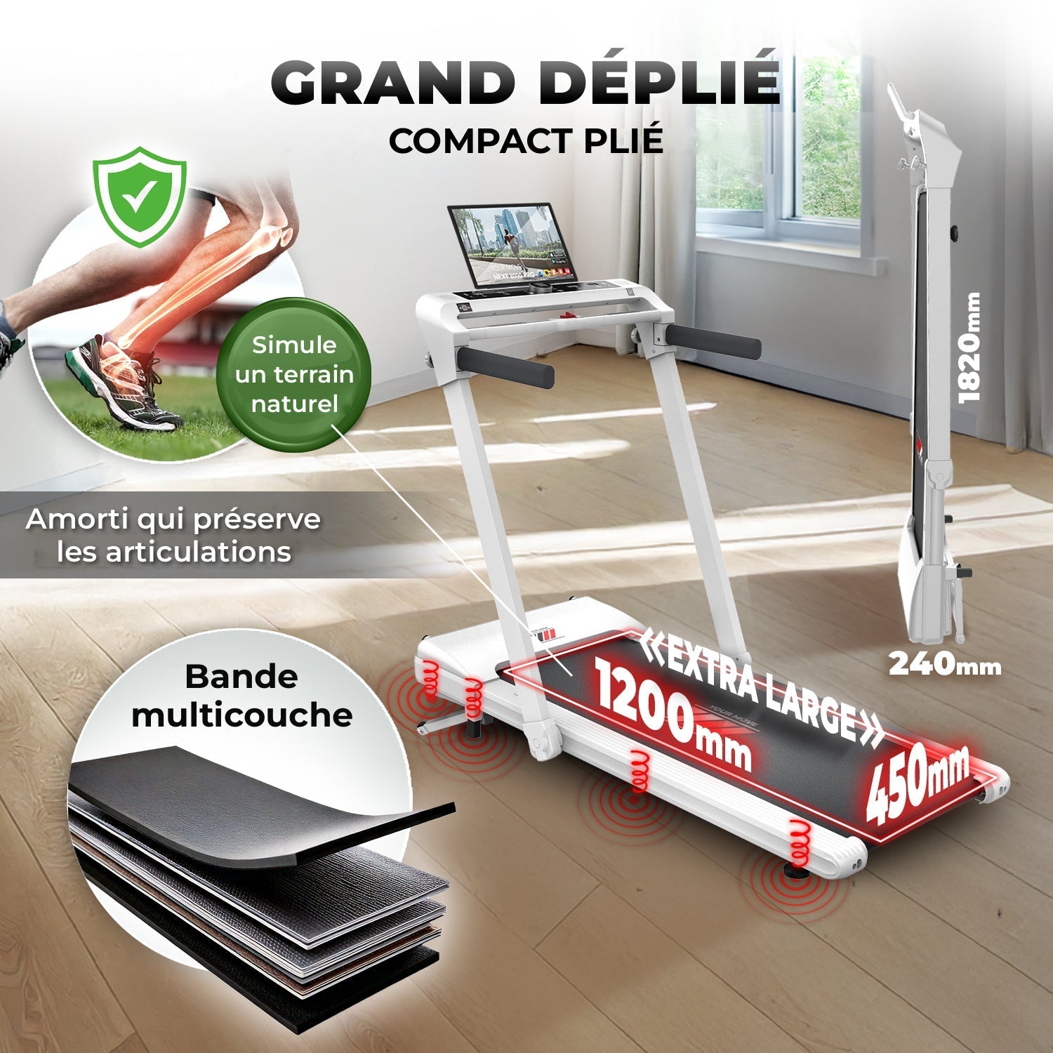 NEXT 8000 PRO grand déplié, compact plié, bande multicouche et amorti qui préserve les articulations