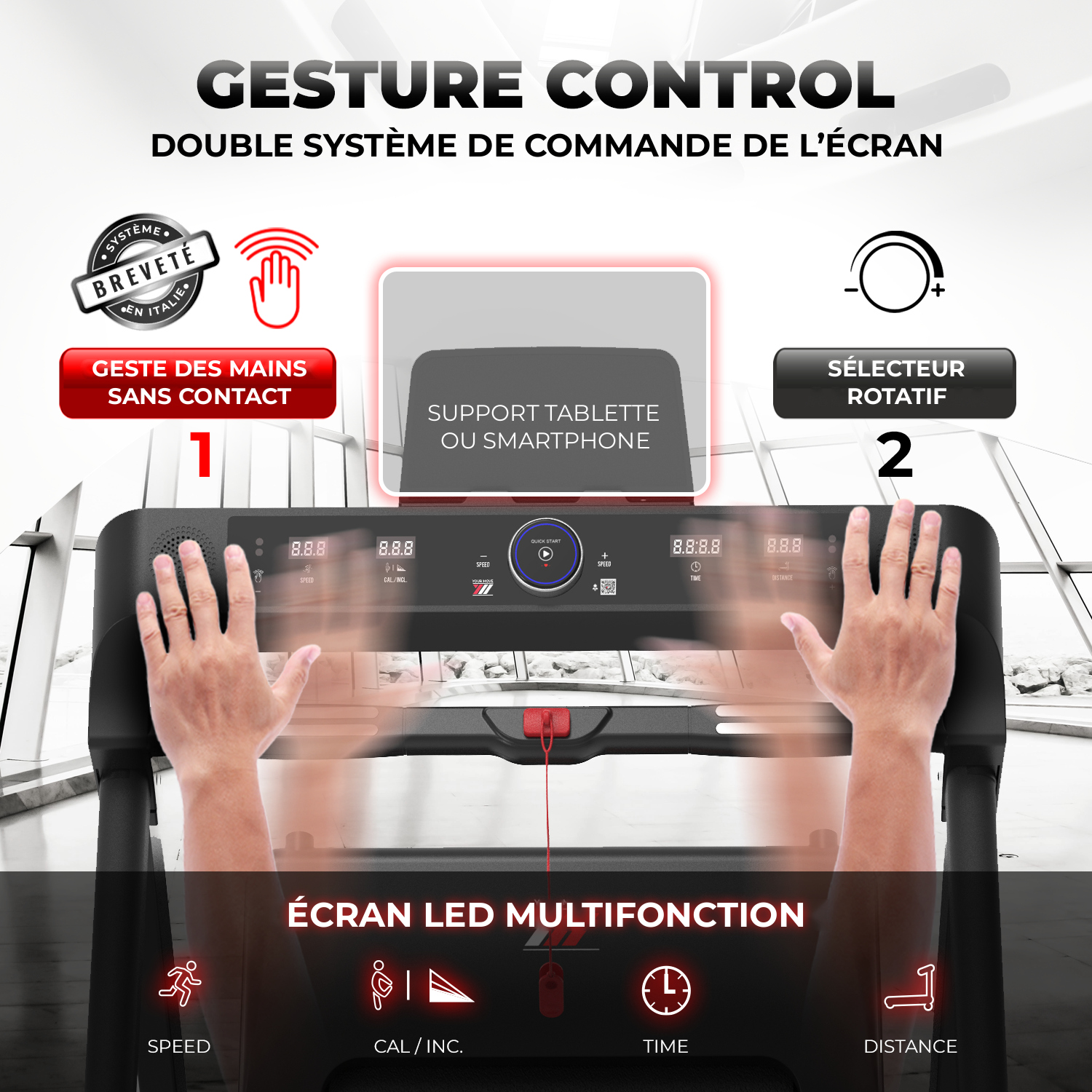 NEXT 8000 PRO, double commande de l’écran : gesture control sans contact et sélecteur rotatif, support tablette