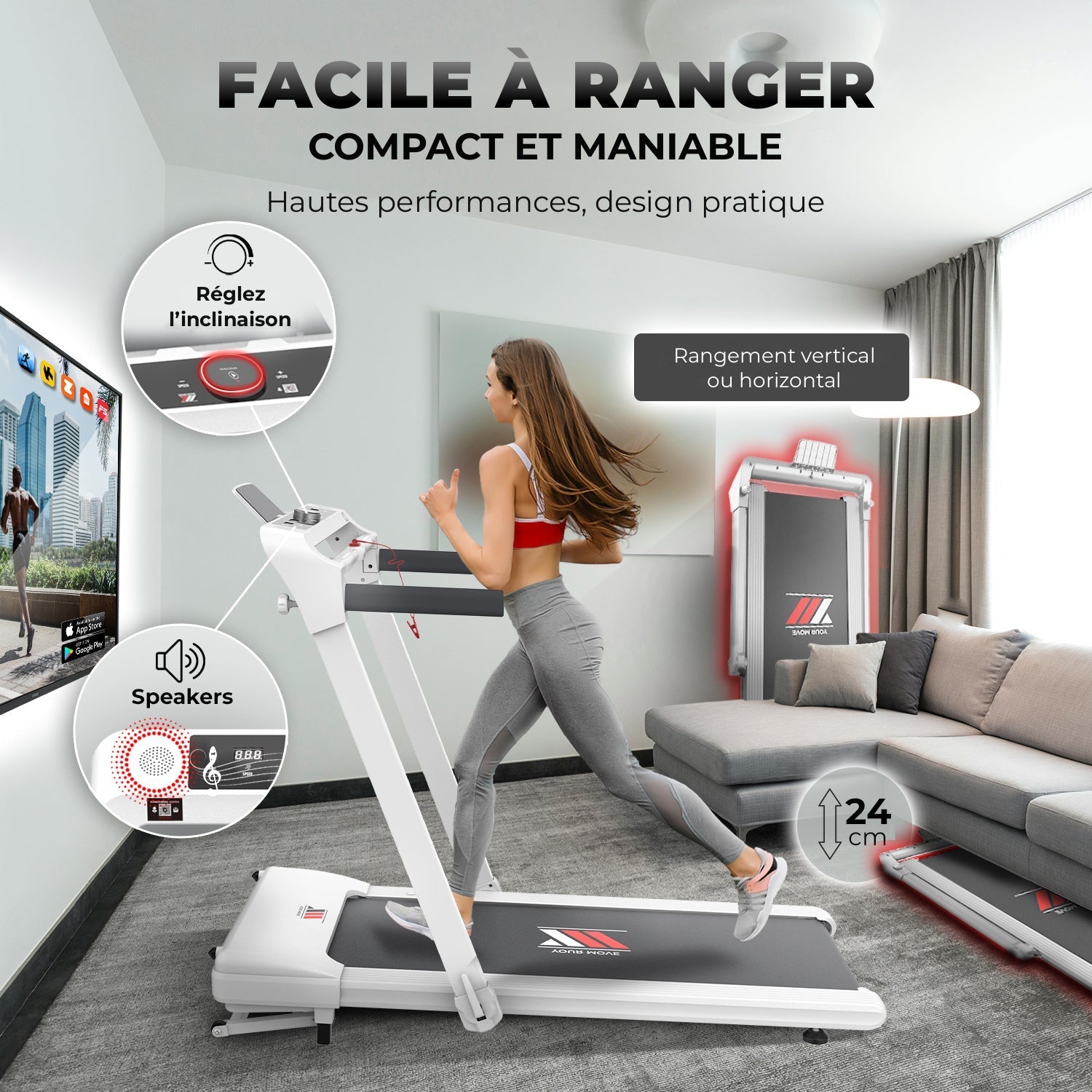 Tapis de course NEXT 8000 PRO pliable, facile à ranger, rangement vertical ou horizontal