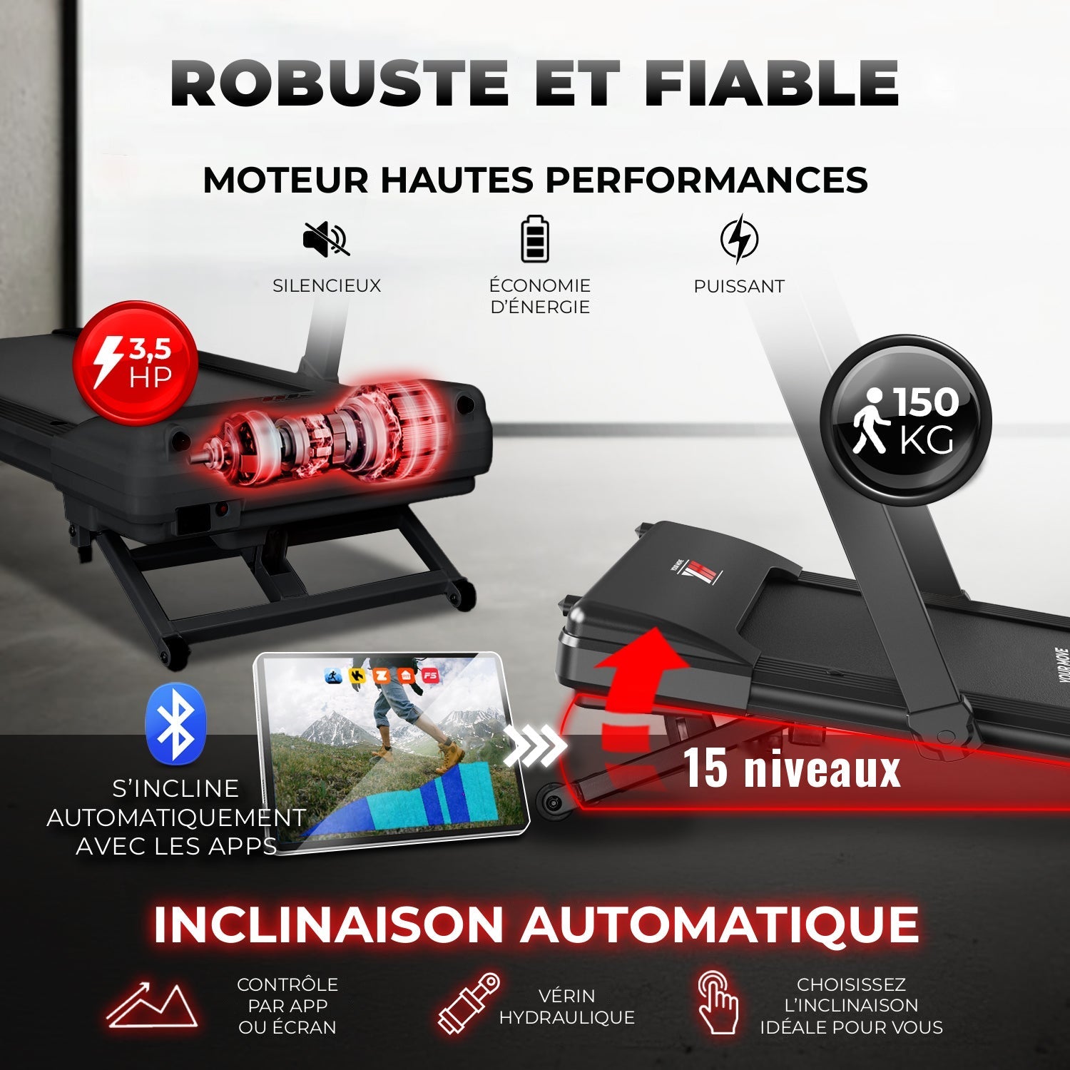 NEXT 8000 PRO, moteur 3,5 HP silencieux et puissant, inclinaison automatique sur 15 niveaux par vérin hydraulique