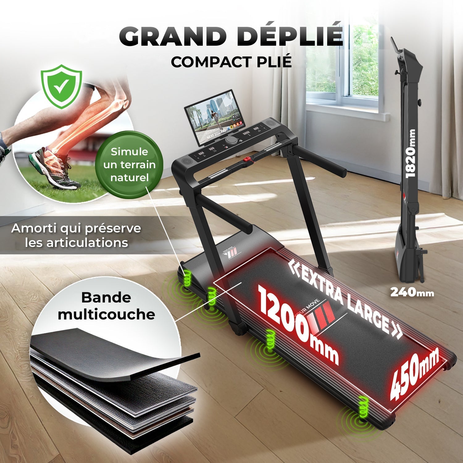 NEXT 8000 PRO grand déplié, compact plié, bande multicouche et amorti qui préserve les articulations