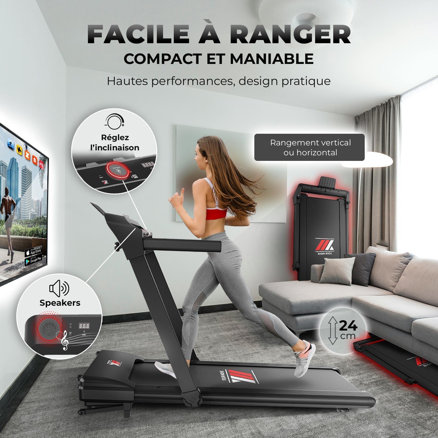 Tapis de course NEXT 8000 PRO pliable, facile à ranger, rangement vertical ou horizontal