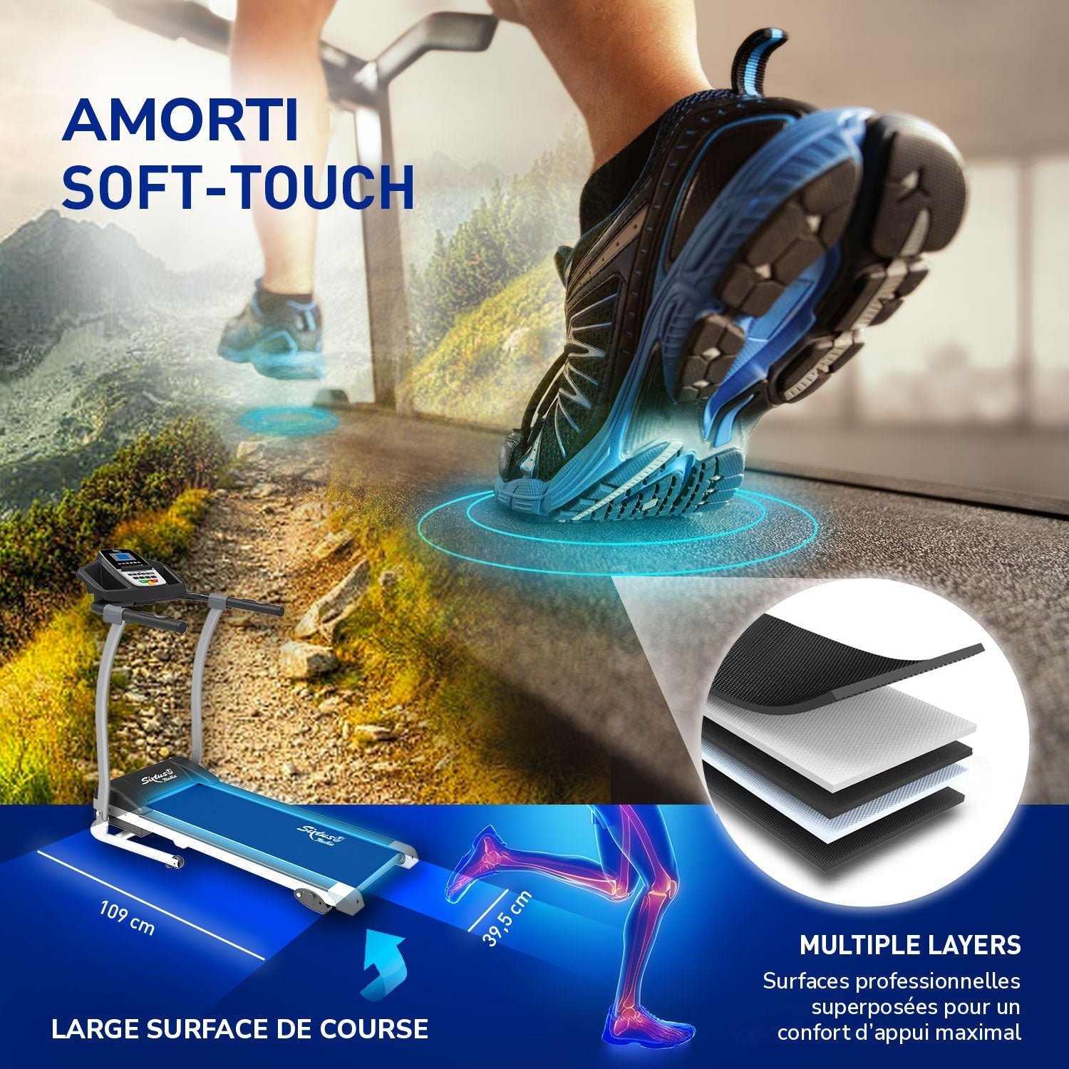 Tapis de course Sixtus SIX-1200 : surface amortie et large surface de course