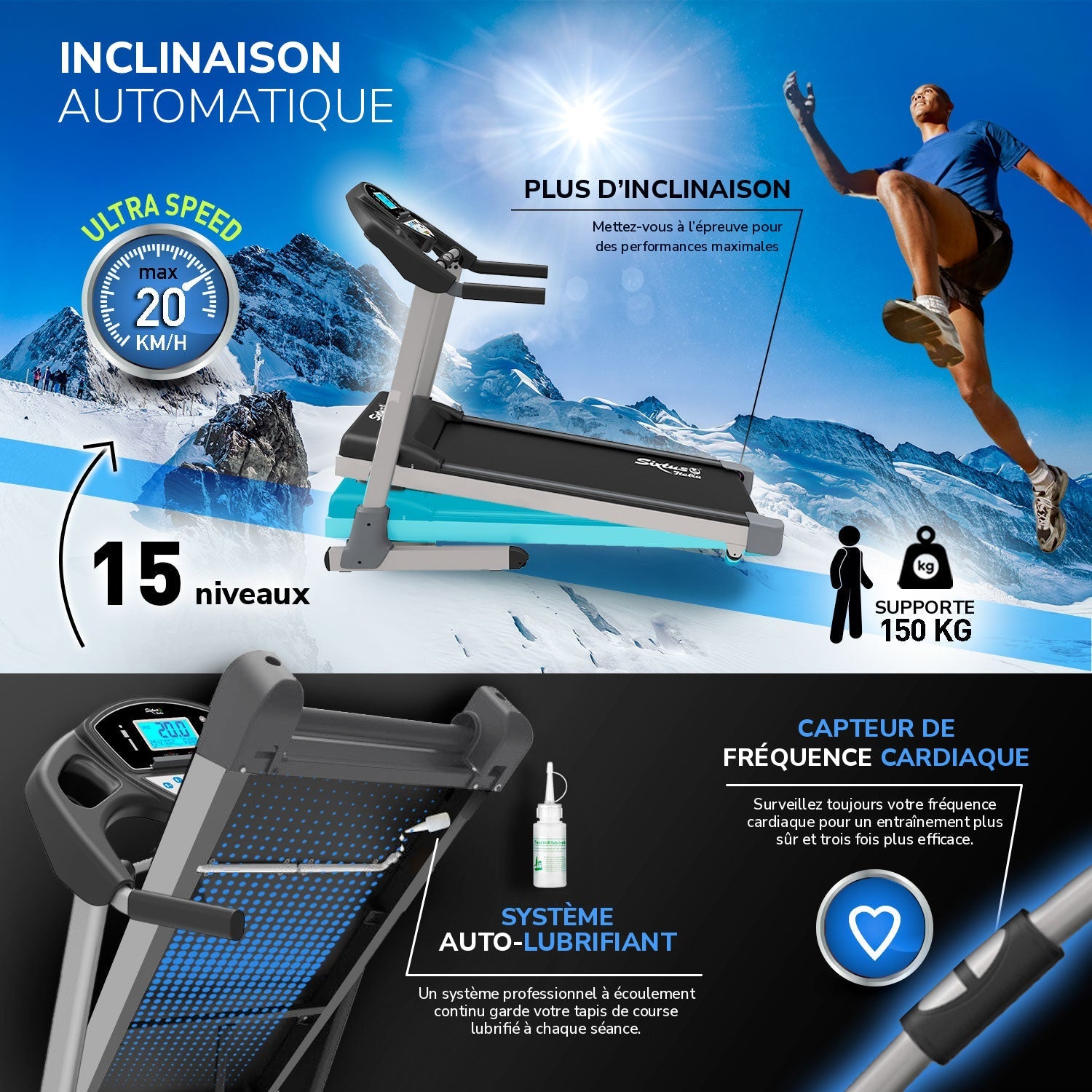 Tapis de course Sixtus SIX 3000 : inclinaison automatique, capteurs cardiaques, système auto-lubrifiant