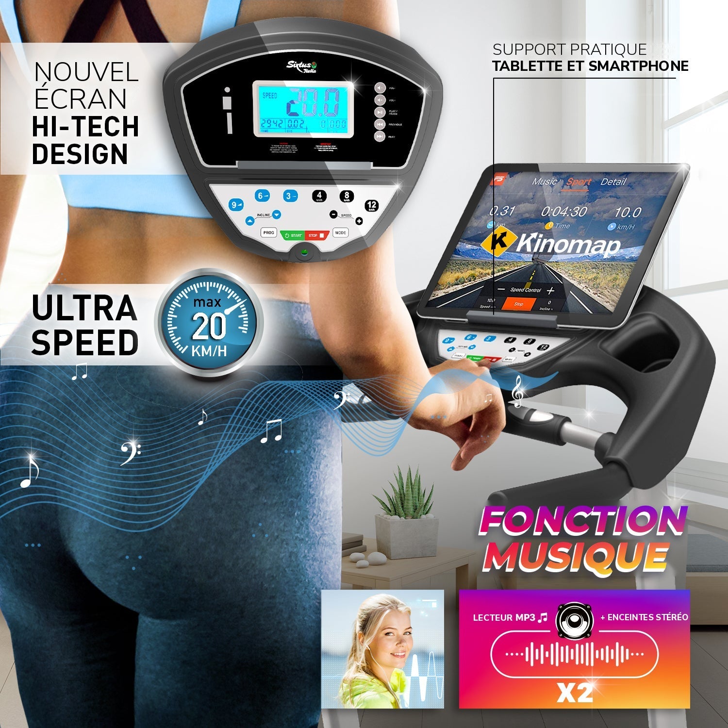 Tapis de course Sixtus SIX 3000 : nouvel écran, support tablette, fonction musique avec enceintes stéréo