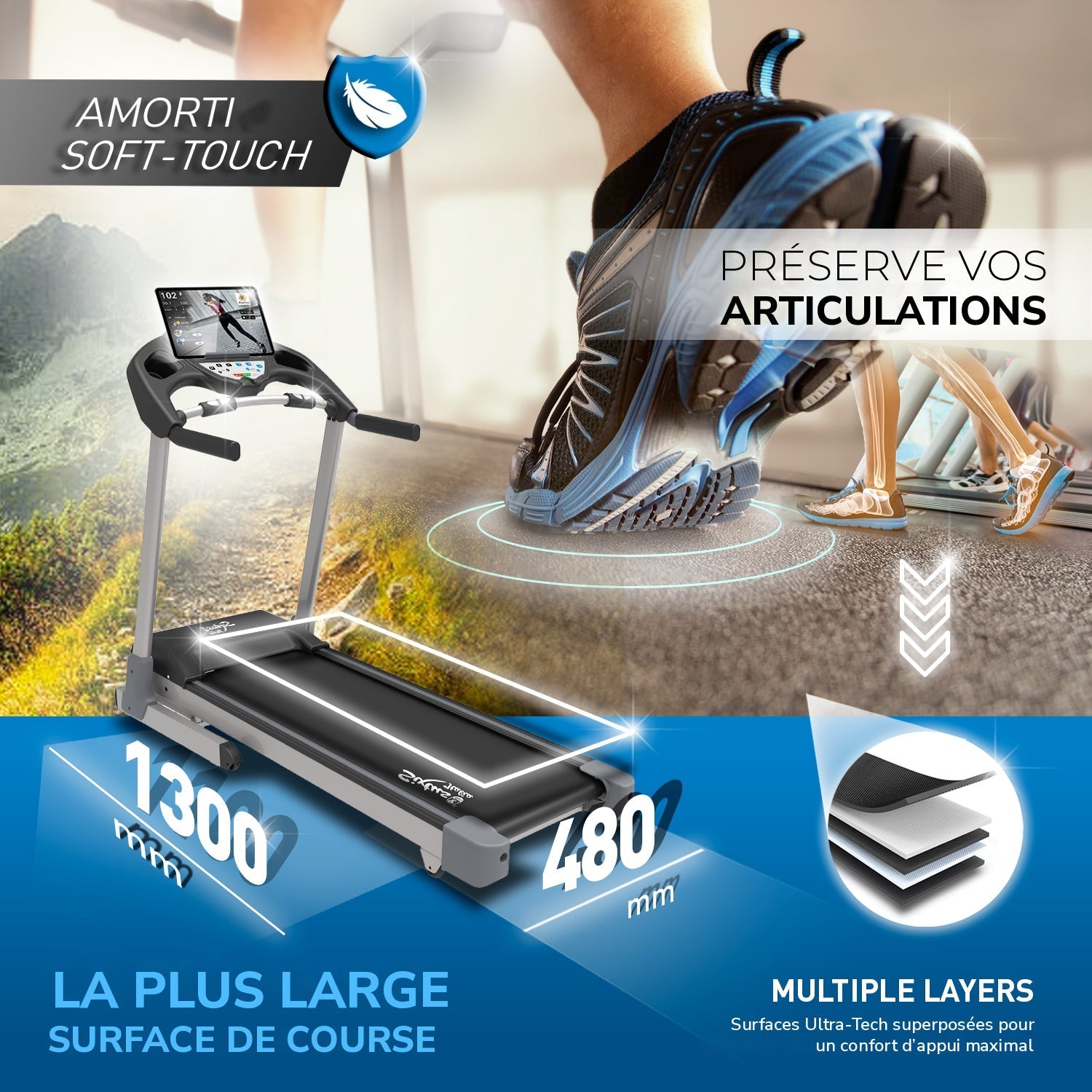 Tapis de course Sixtus SIX 3000 : surface amortie et large surface de course