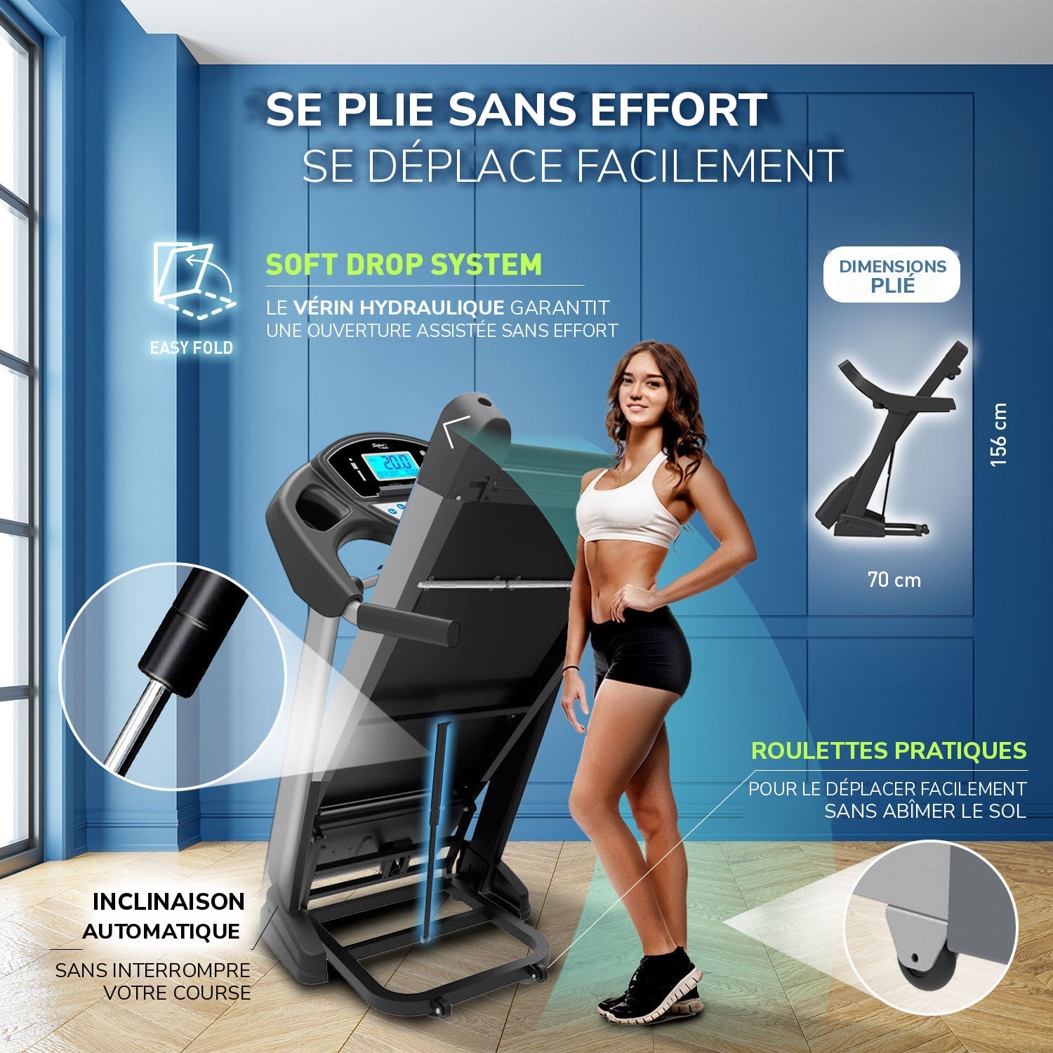 Tapis de course Sixtus SIX 3000 : pliage assisté par vérin hydraulique, roulettes, inclinaison automatique