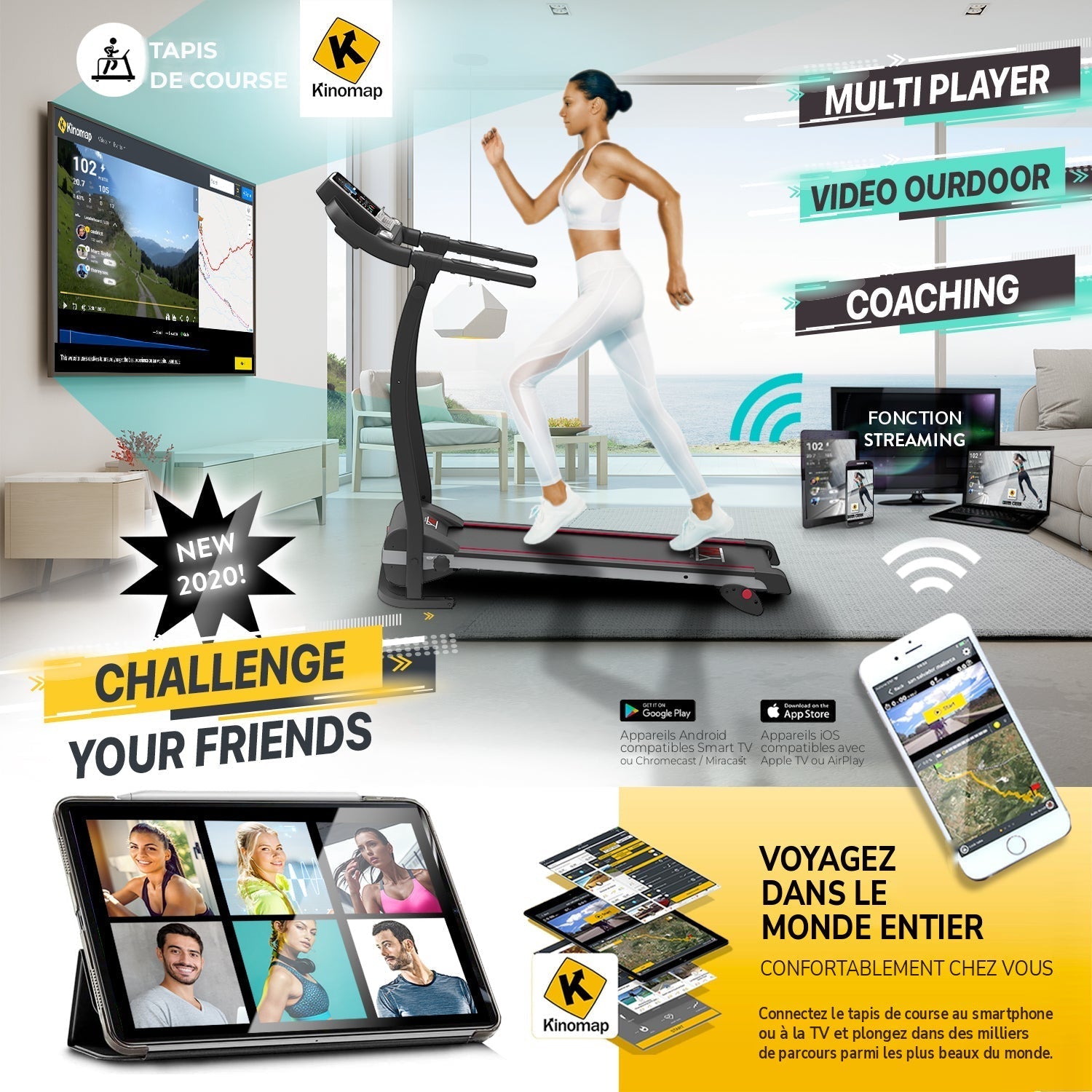 Tapis de course TAP 100 APP reconditionné : Kinomap, fonction streaming, voyagez dans le monde entier depuis chez vous