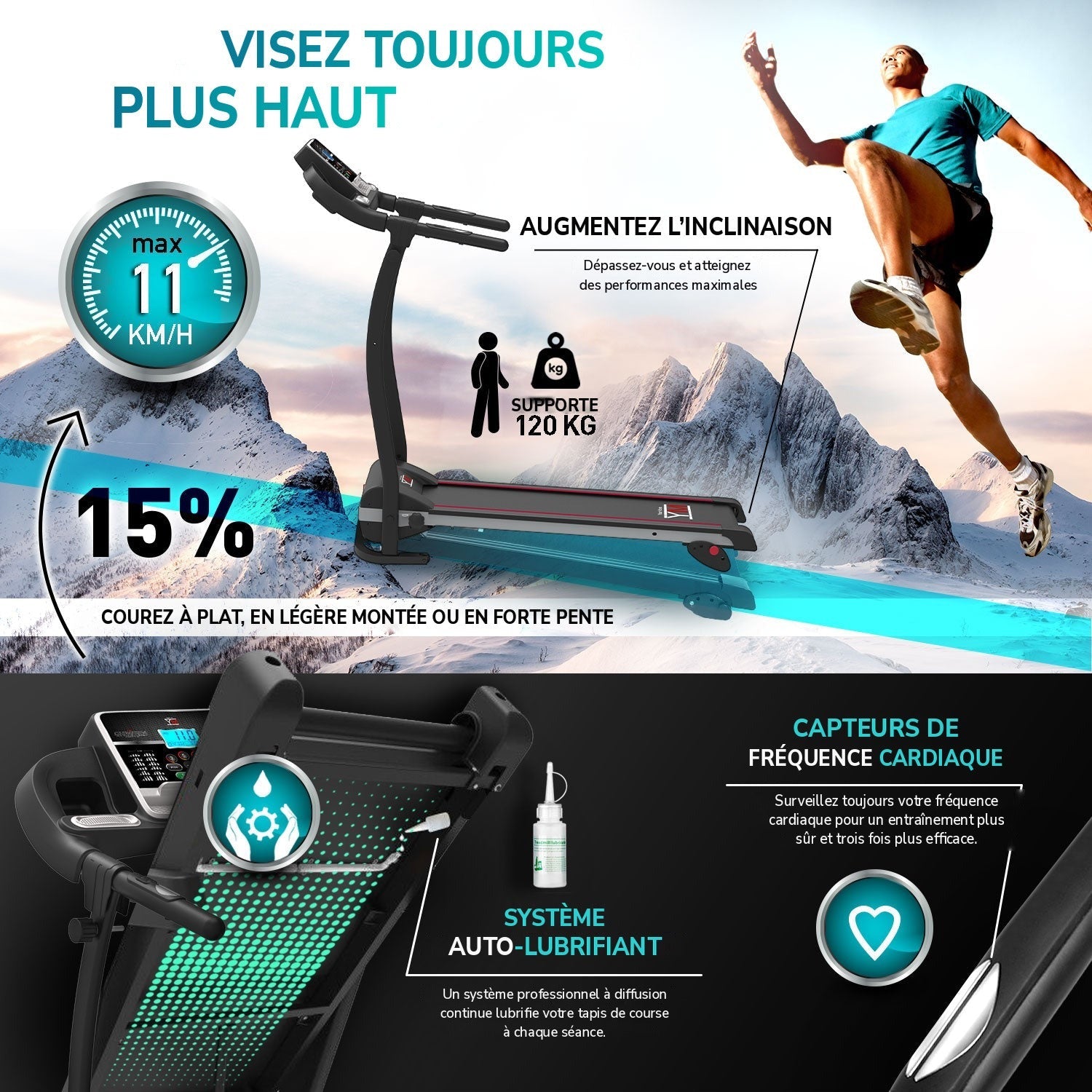 Tapis de course TAP 100 APP reconditionné : inclinaison 15 %, vitesse max. 11 km/h, capteurs cardiaques, système auto-lubrifiant