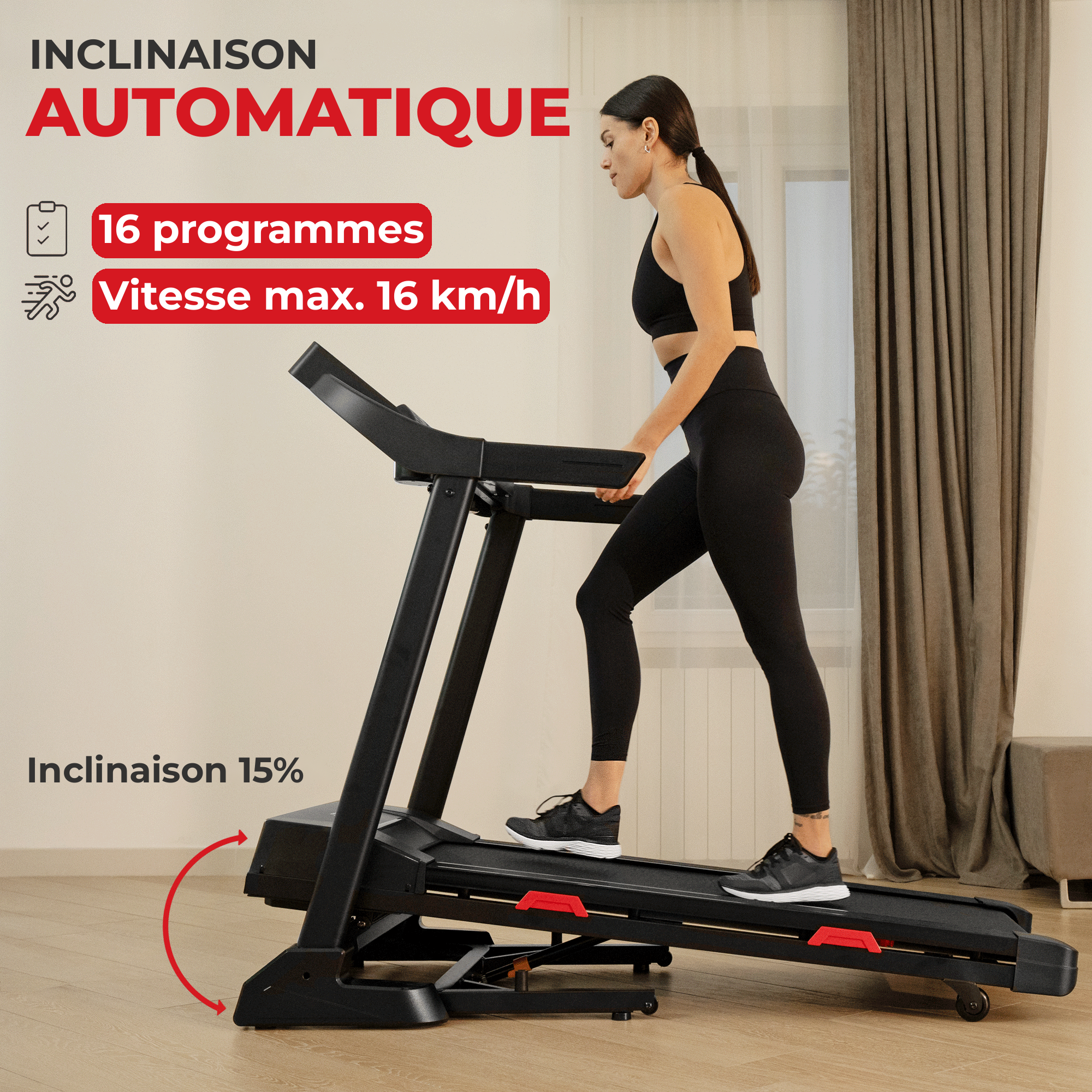 Tapis de course TAP 160 : inclinaison automatique 15 %, 16 programmes, vitesse max. 16 km/h