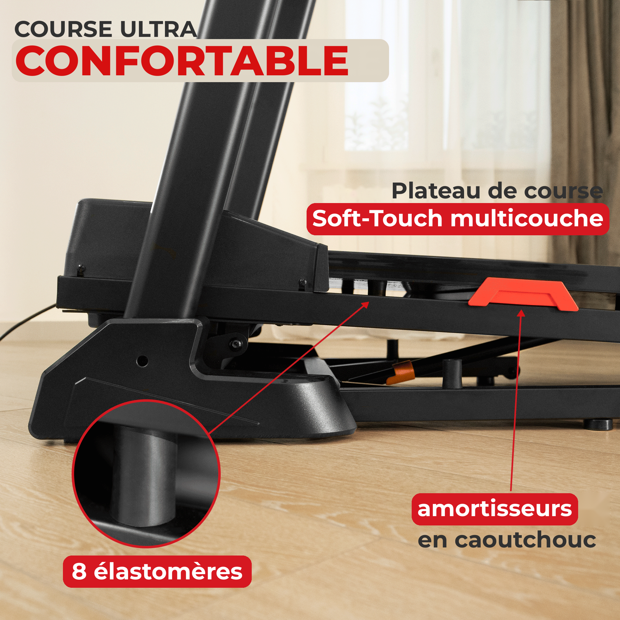 Tapis de course TAP 160 : plateau de course Soft-Touch multicouche, 8 élastomères et amortisseurs en caoutchouc