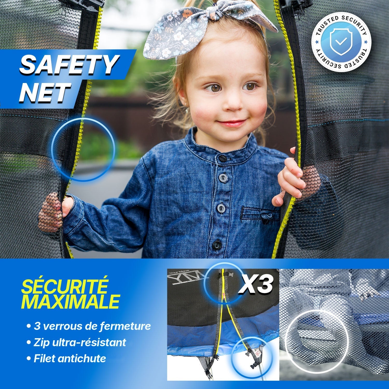Trampoline Your Move Ø 183 cm : filet de sécurité avec 3 verrous de fermeture et zip ultra-résistant