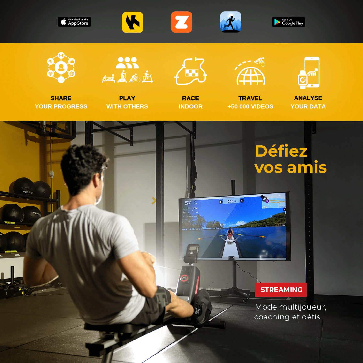 Rameur magnétique Your Move ROW 1000 compatible Kinomap et Zwift : défiez vos amis en multijoueur