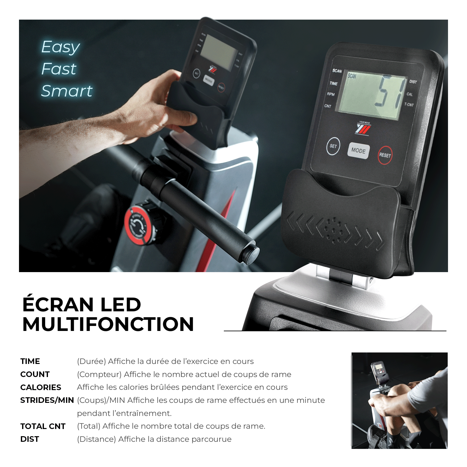 Rameur ROW 1000 : écran LED multifonction (durée, coups de rame, calories, distance)