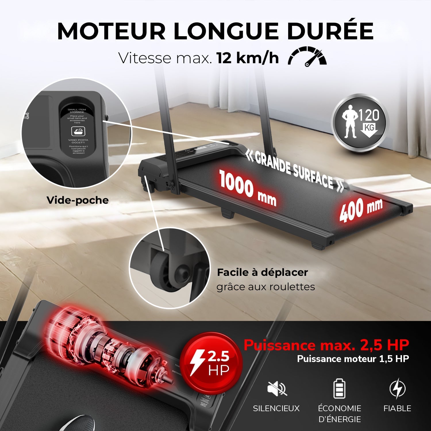 NEXT 500 PRO, moteur longue durée 1,5 HP, vitesse max. 12 km/h, grande surface et roulettes de transport