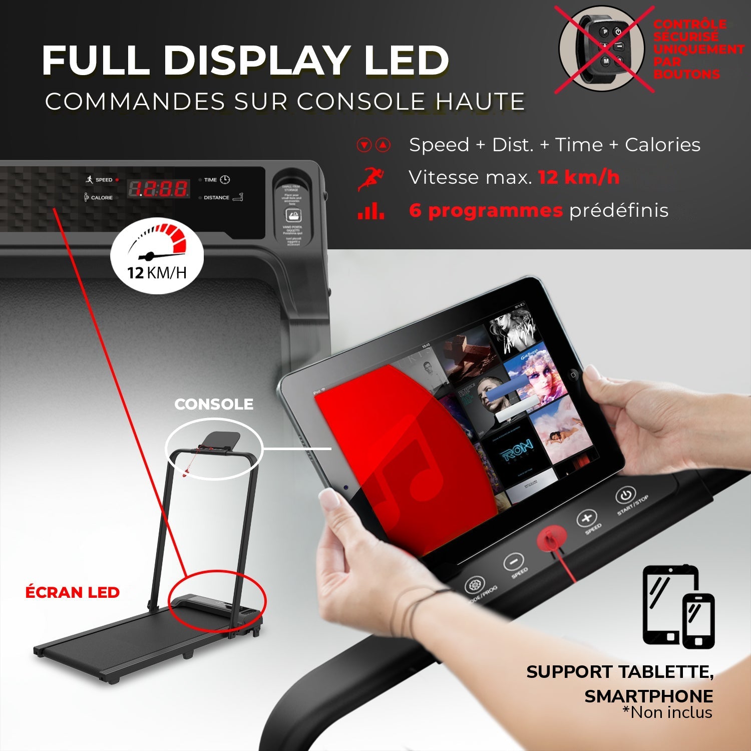 NEXT 500 PRO, écran LED avec commandes sur console haute, 6 programmes et support tablette et smartphone