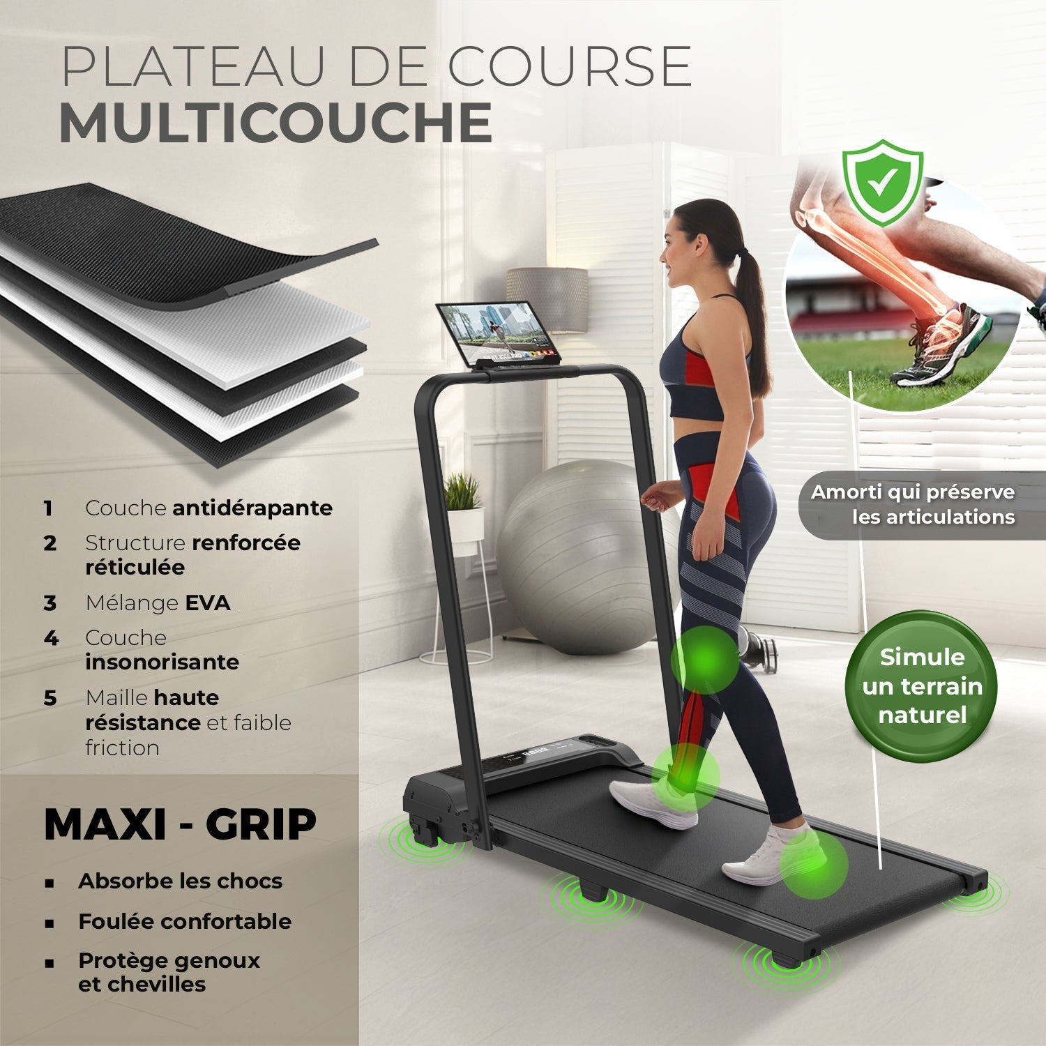 Tapis de course NEXT 500 PRO, plateau de course multicouche antidérapant avec amorti qui préserve les articulations