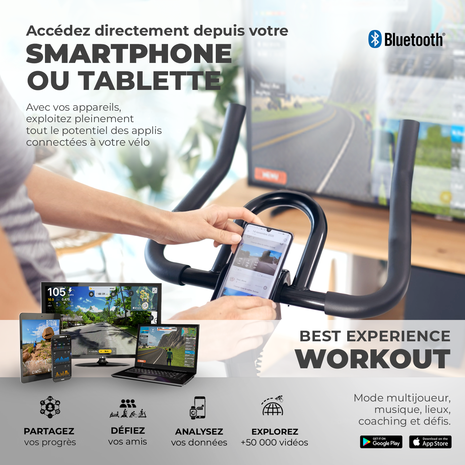 Vélo de spinning Spinn Bike 1500 connecté en Bluetooth : utilisez les applis depuis votre smartphone ou tablette