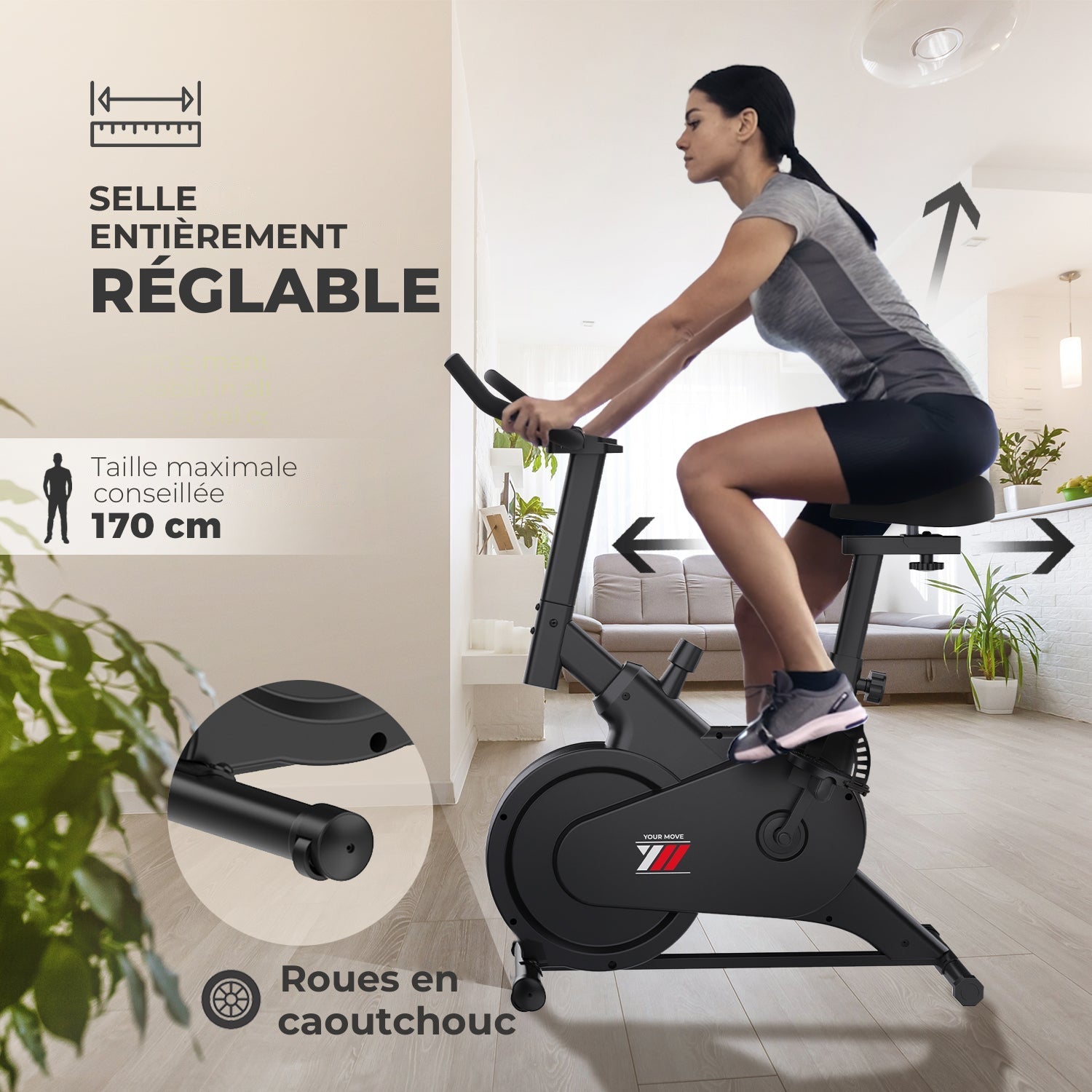 Spinn Bike 1500 : selle entièrement réglable, taille maximale conseillée 170 cm, roues en caoutchouc