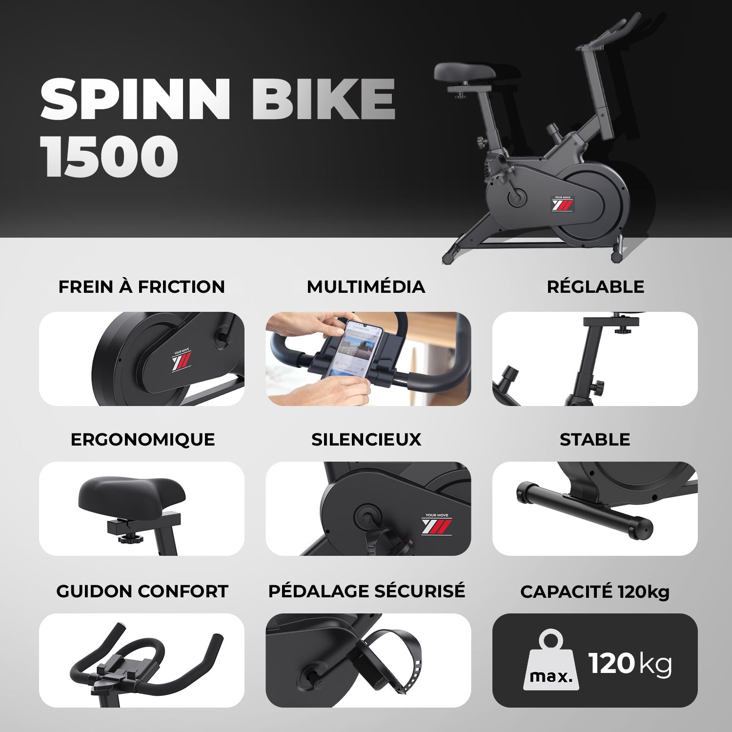 Spinn Bike 1500 : frein à friction, multimédia, réglable, ergonomique, silencieux, stable, capacité 120 kg
