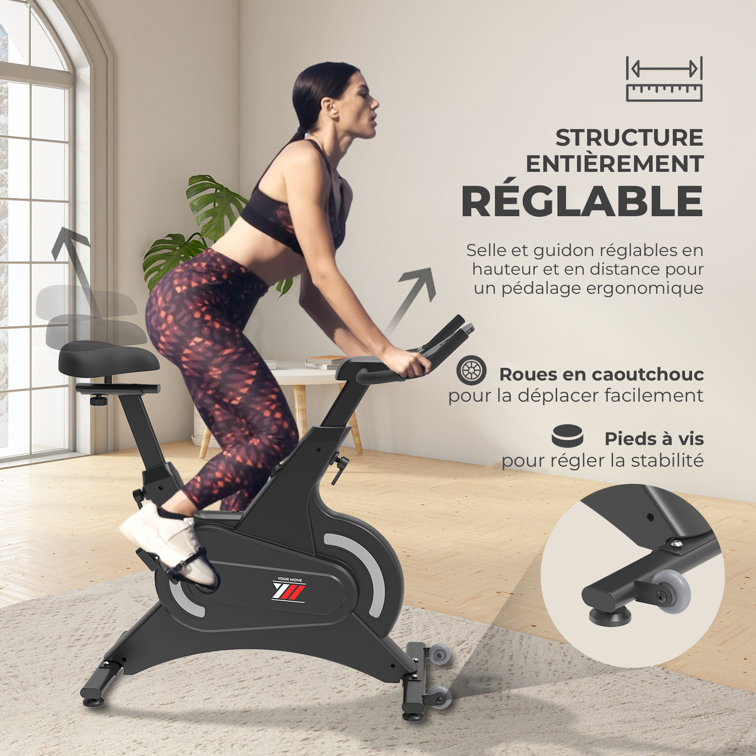 Spinn Bike 2500 : structure entièrement réglable, roues en caoutchouc et pieds à vis