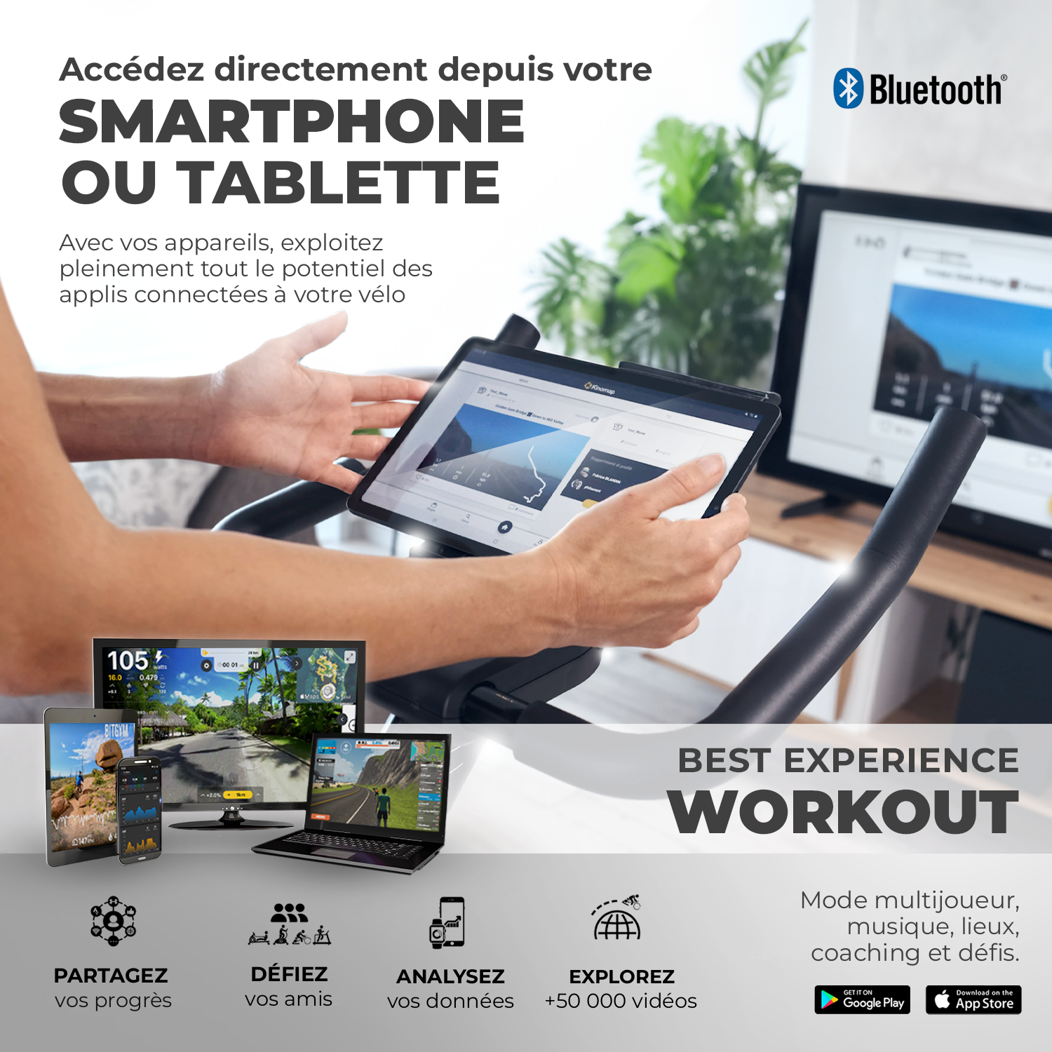 Vélo de spinning Spinn Bike 2500 connecté en Bluetooth : utilisez les applis depuis votre smartphone ou tablette