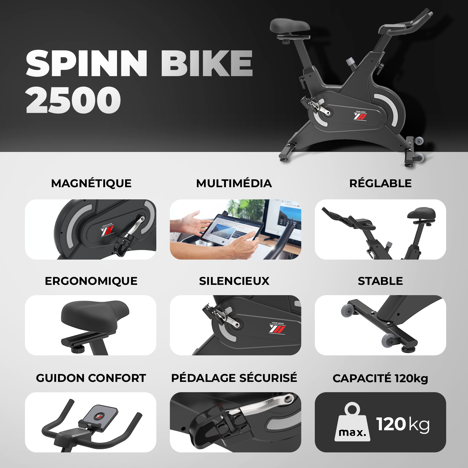 Spinn Bike 2500 : magnétique, multimédia, réglable, ergonomique, silencieux, stable, capacité 120 kg