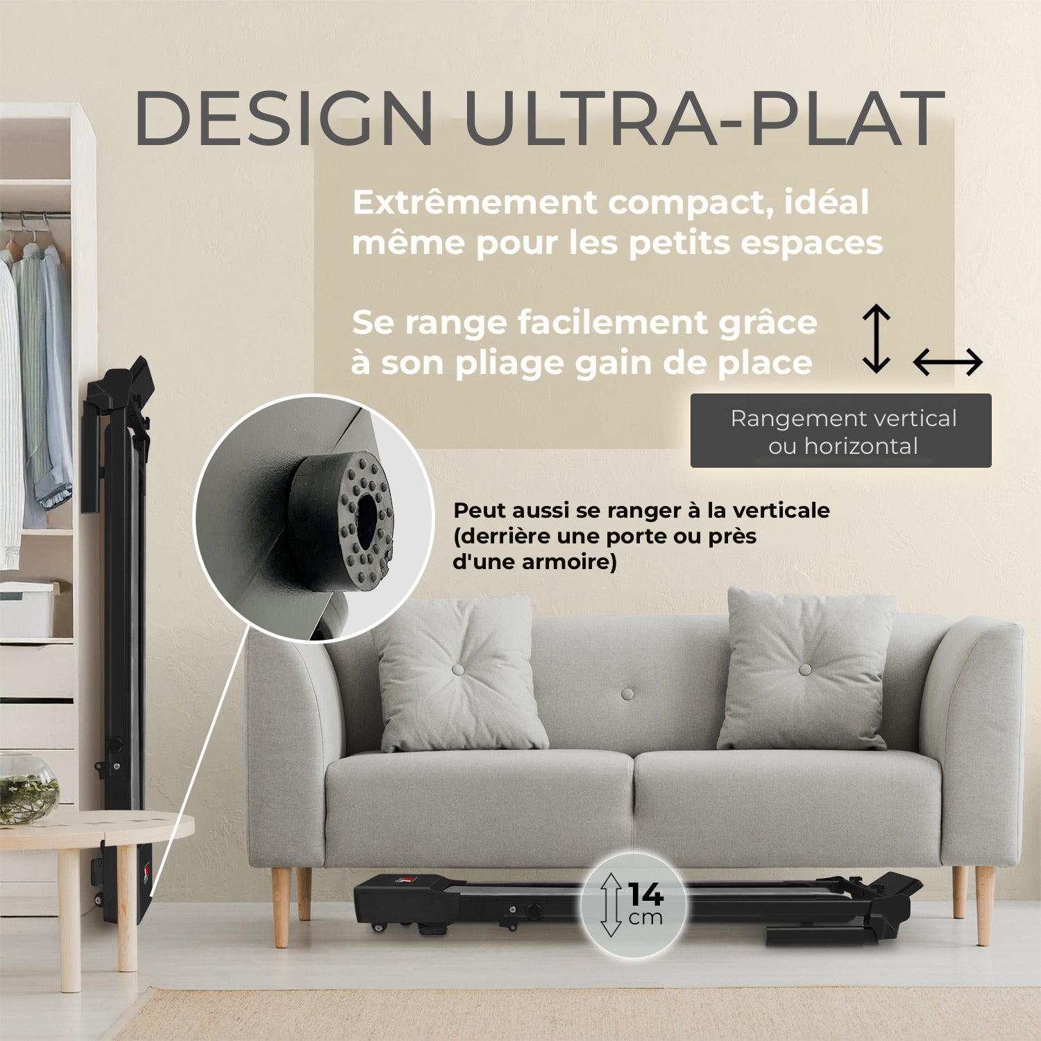 Tapis de course YM TD 500 EVO ultra-plat de 14 cm rangé sous le canapé ou à la verticale