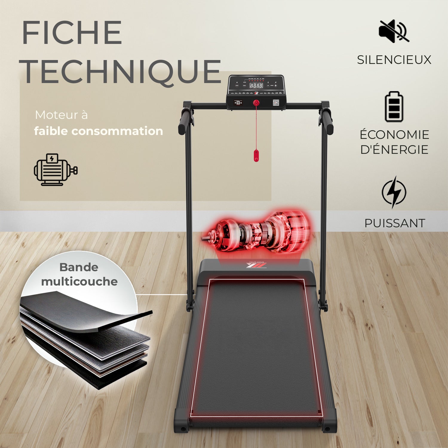 Fiche technique du tapis de course YM TD 500 EVO : moteur silencieux à faible consommation et bande multicouche
