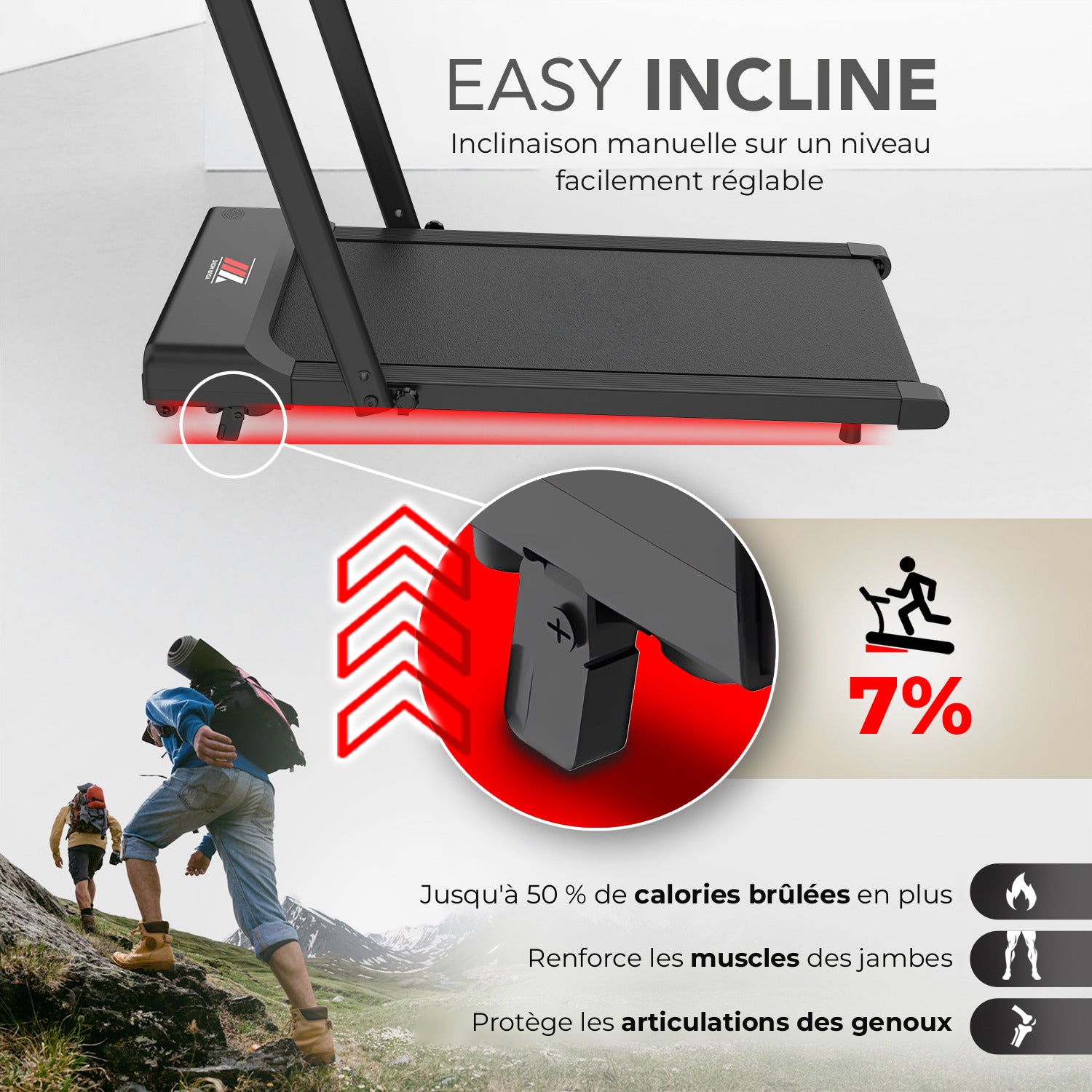 Inclinaison manuelle de 7 % du tapis de course YM TD 500 EVO, réglable par le pied